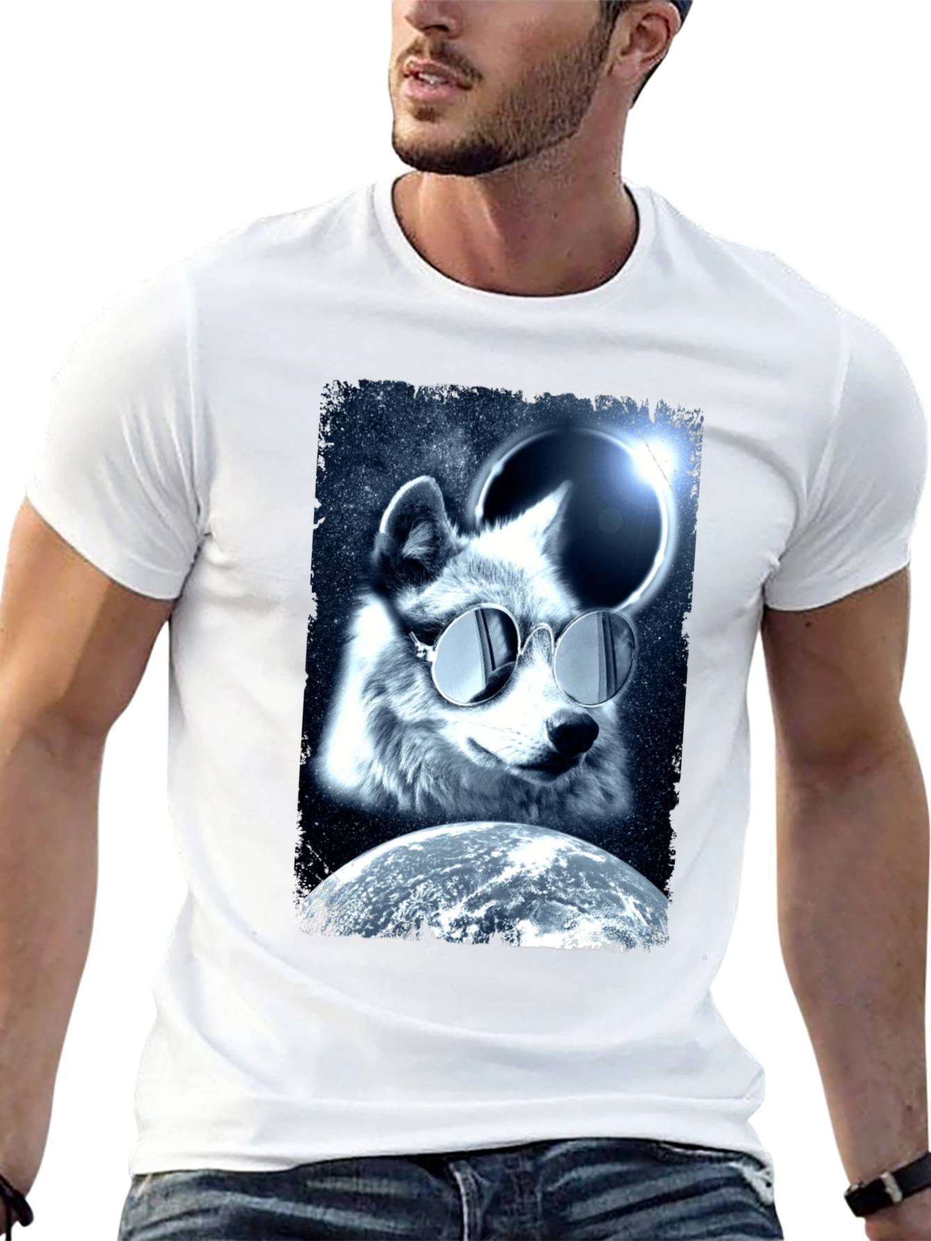 Cool Wolf in Space T-Shirt - Unique Graphic Tee