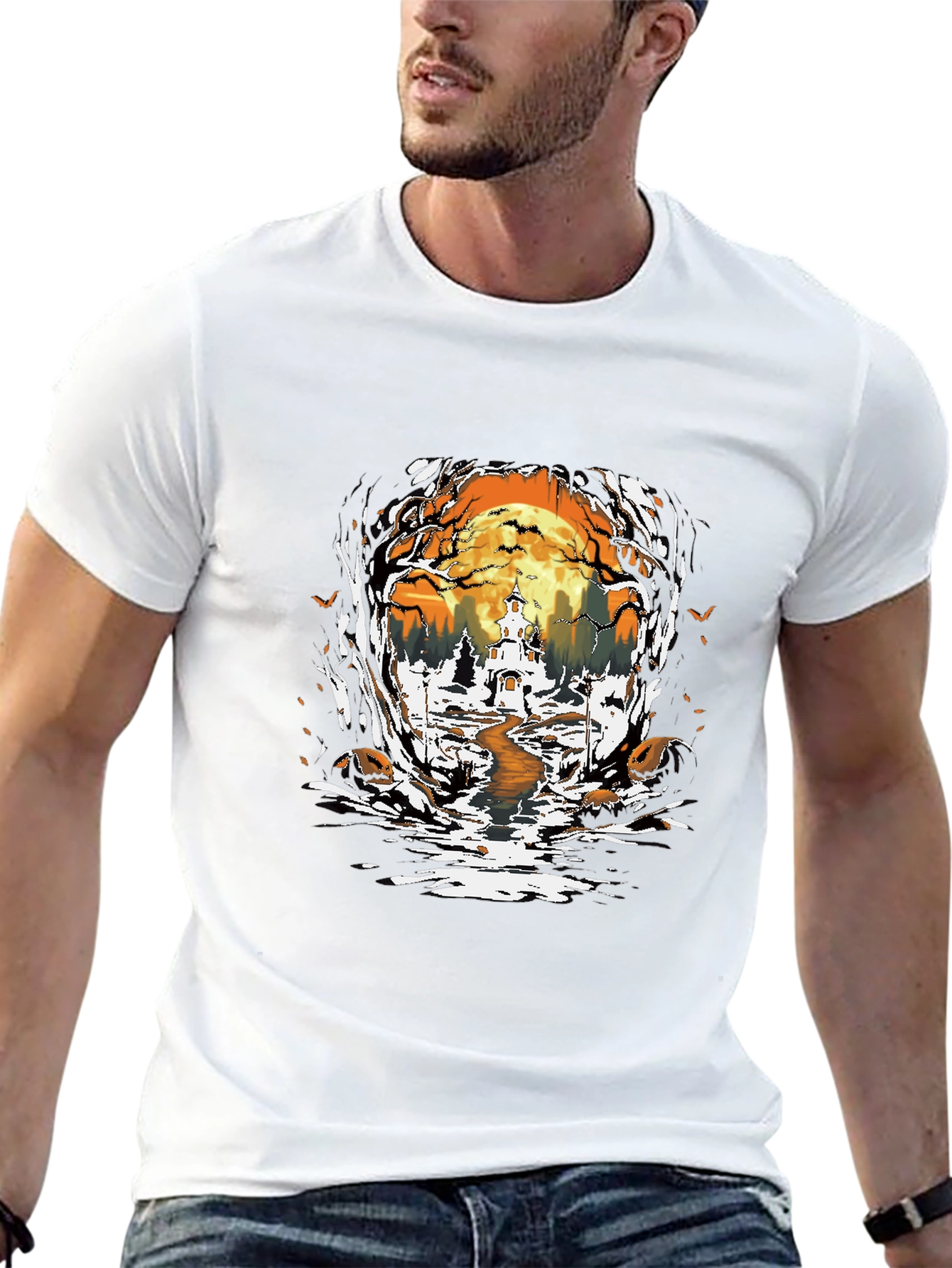 Halloween Graphic Tee: Spooky Haunted House Design