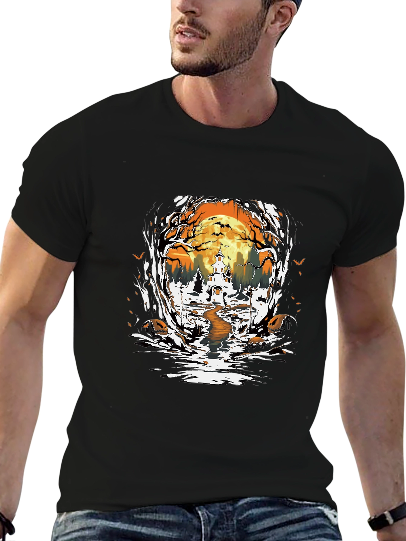 Halloween Graphic Tee: Spooky Haunted House Design