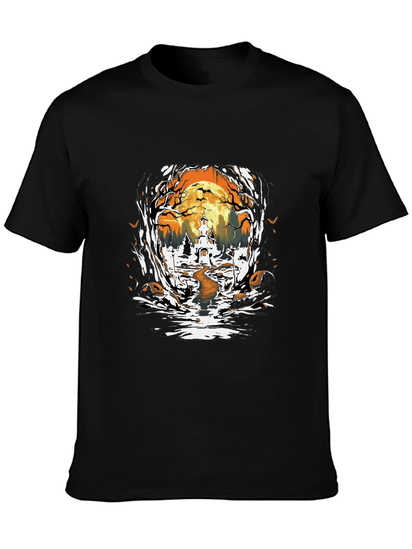 Halloween Graphic Tee: Spooky Haunted House Design
