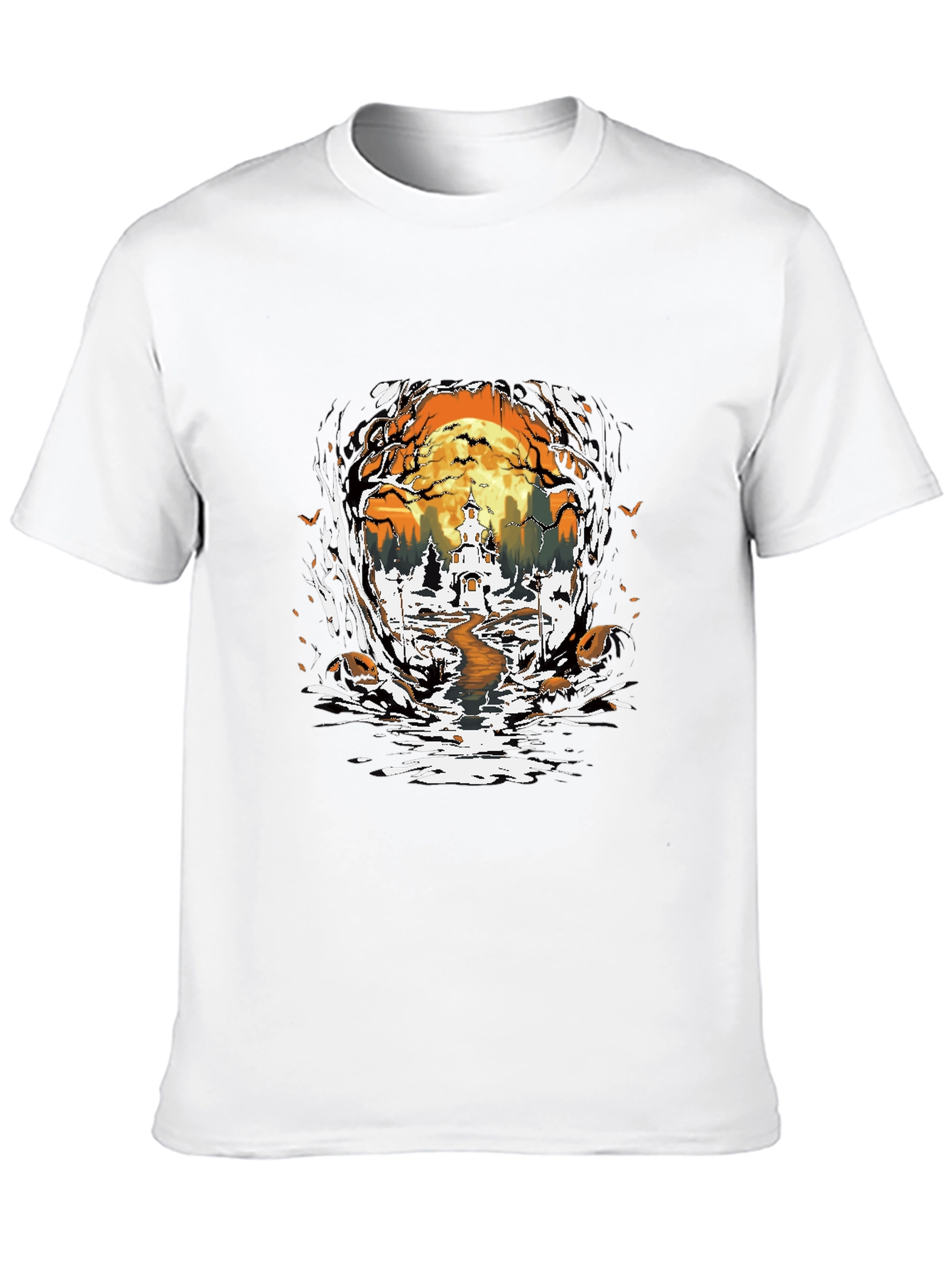 Halloween Graphic Tee: Spooky Haunted House Design