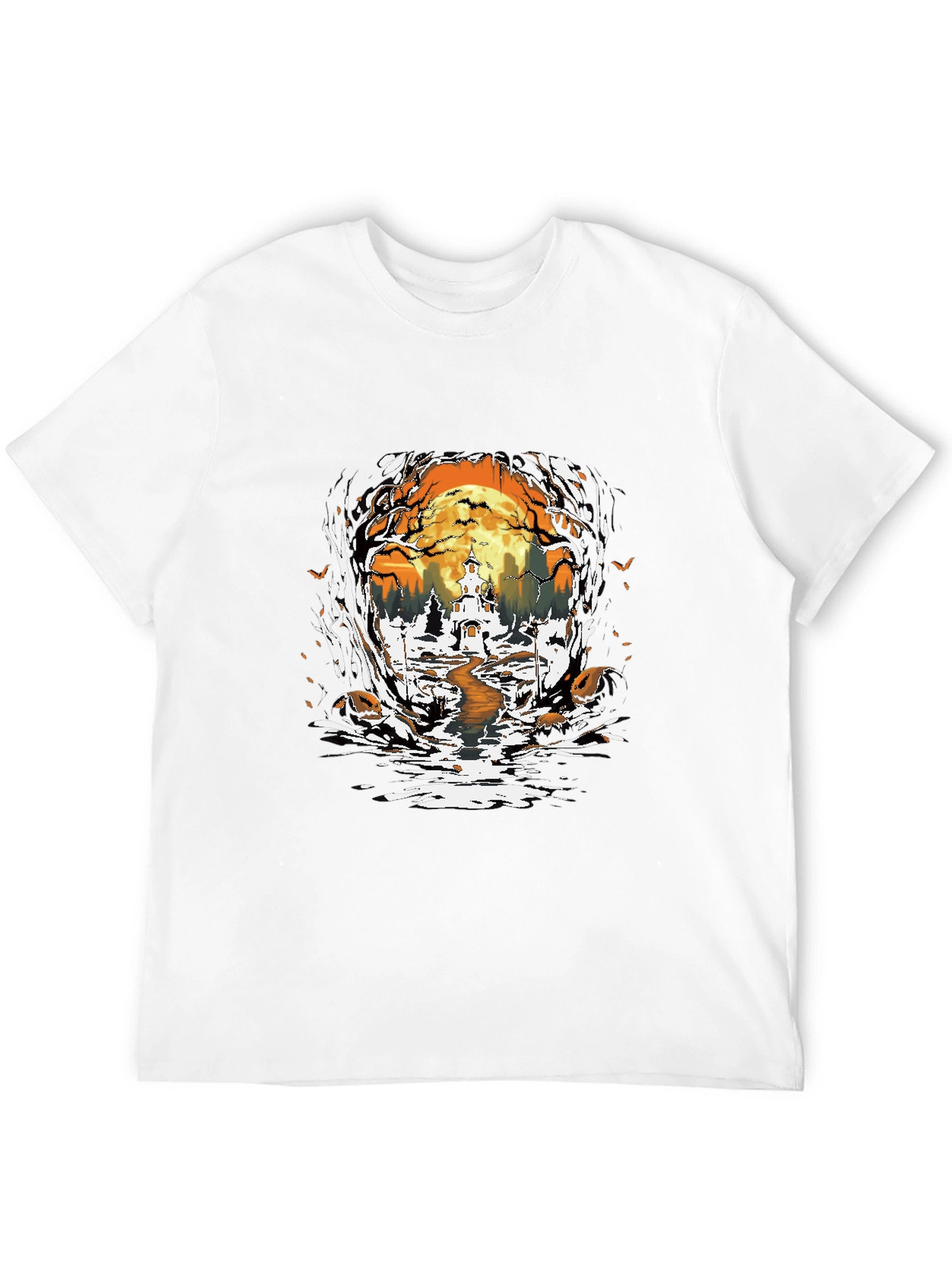 Halloween Graphic Tee: Spooky Haunted House Design