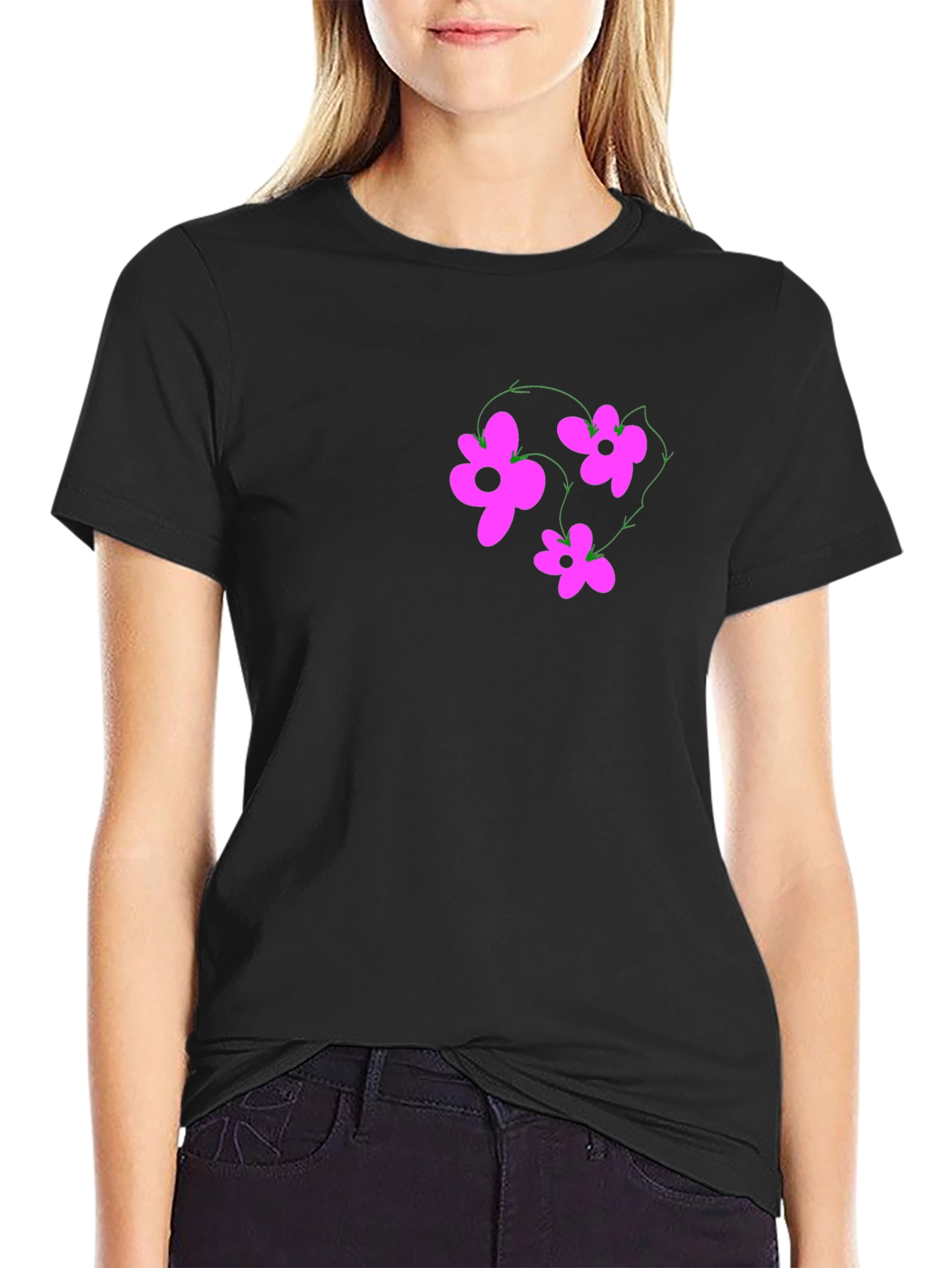 Black T-Shirt with Pink Flower Graphic