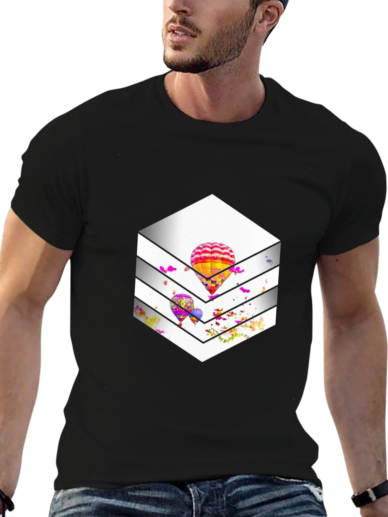 Stylish Black T-Shirt with Hot Air Balloon Graphic Design