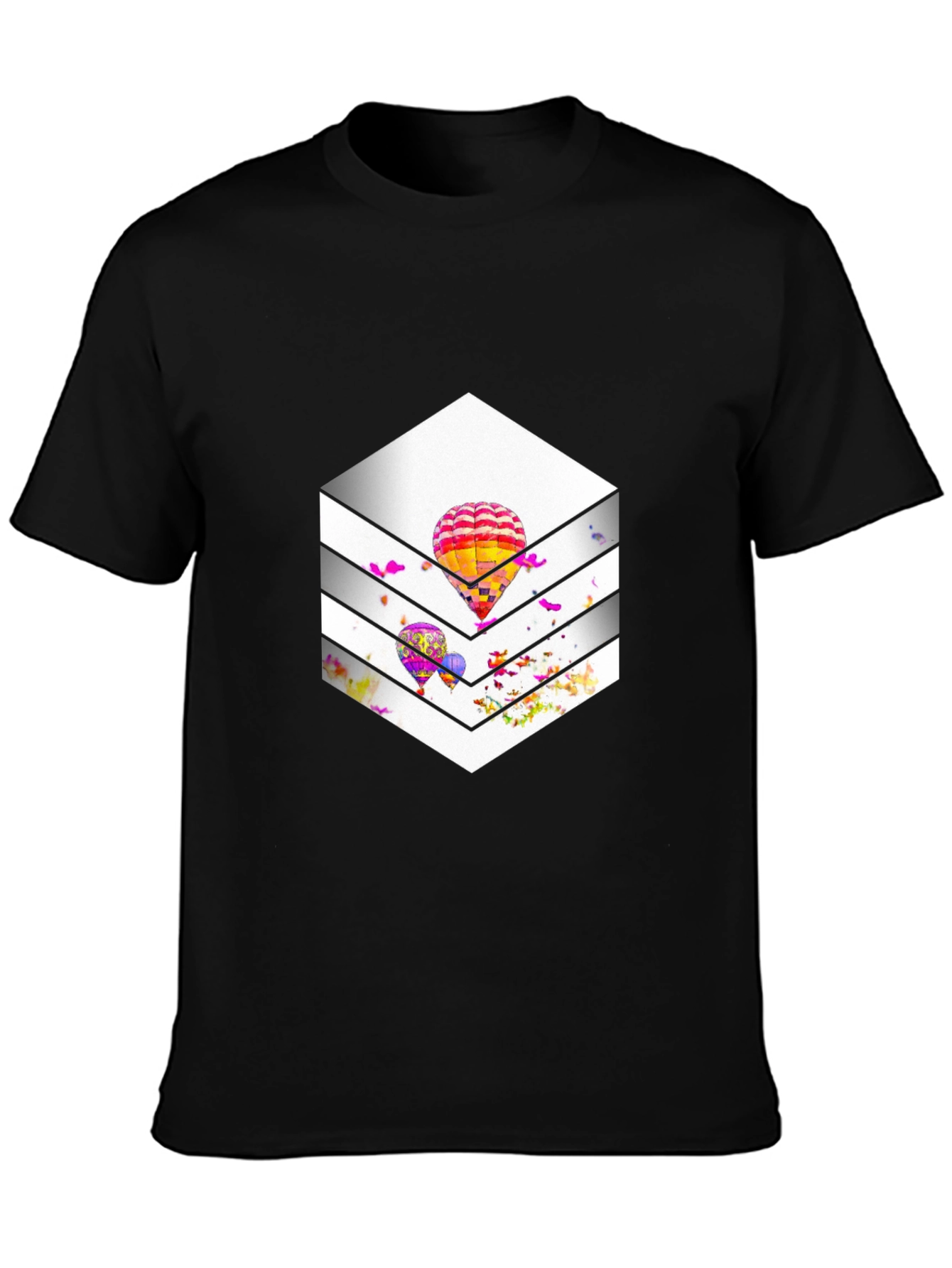 Stylish Black T-Shirt with Hot Air Balloon Graphic Design