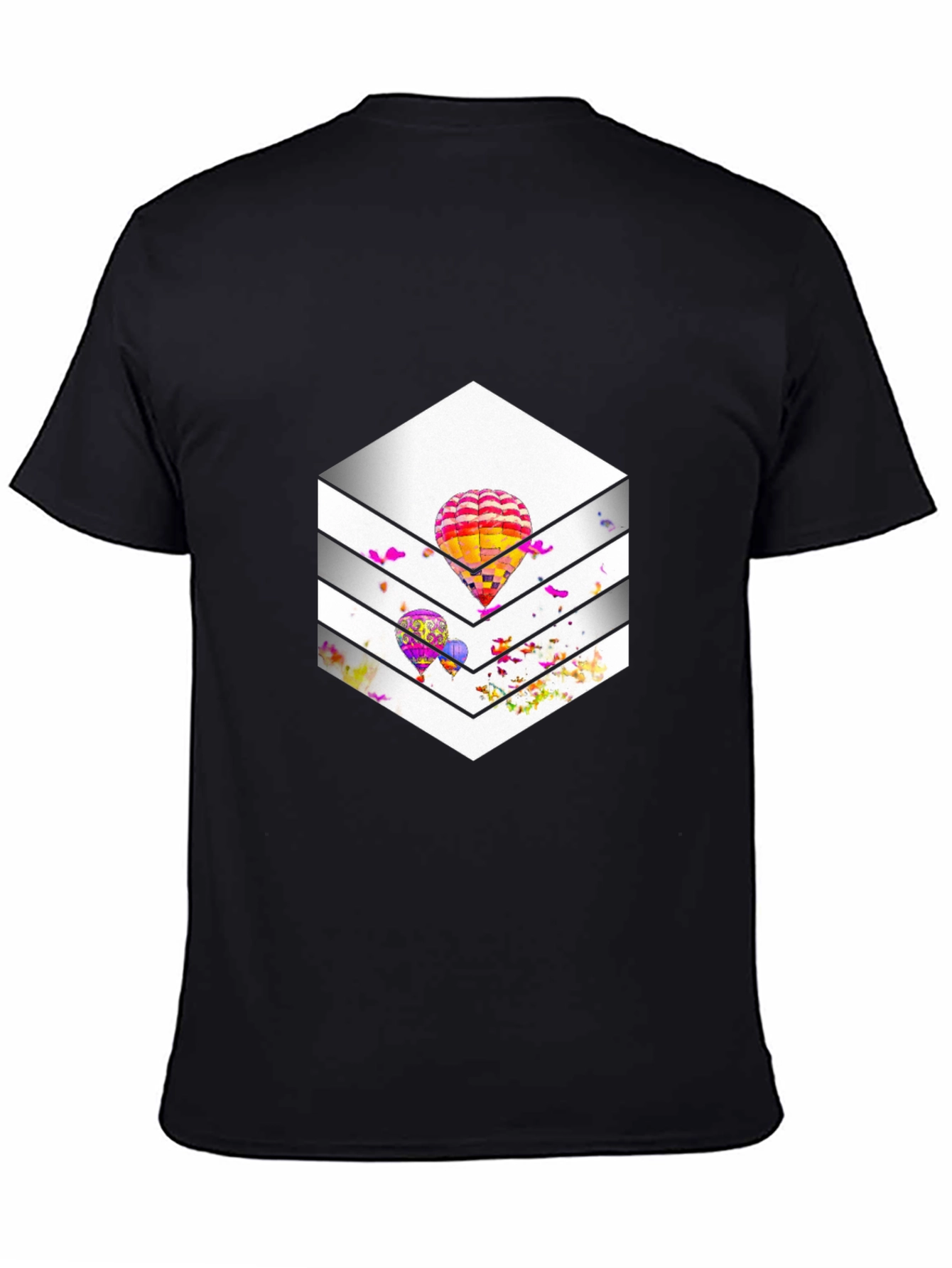 Stylish Black T-Shirt with Hot Air Balloon Graphic Design