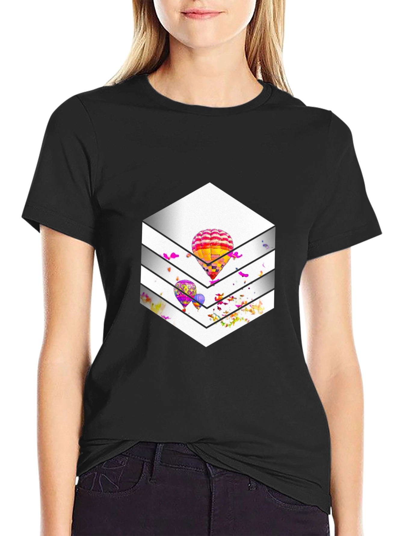 Stylish Black T-Shirt with Hot Air Balloon Graphic Design