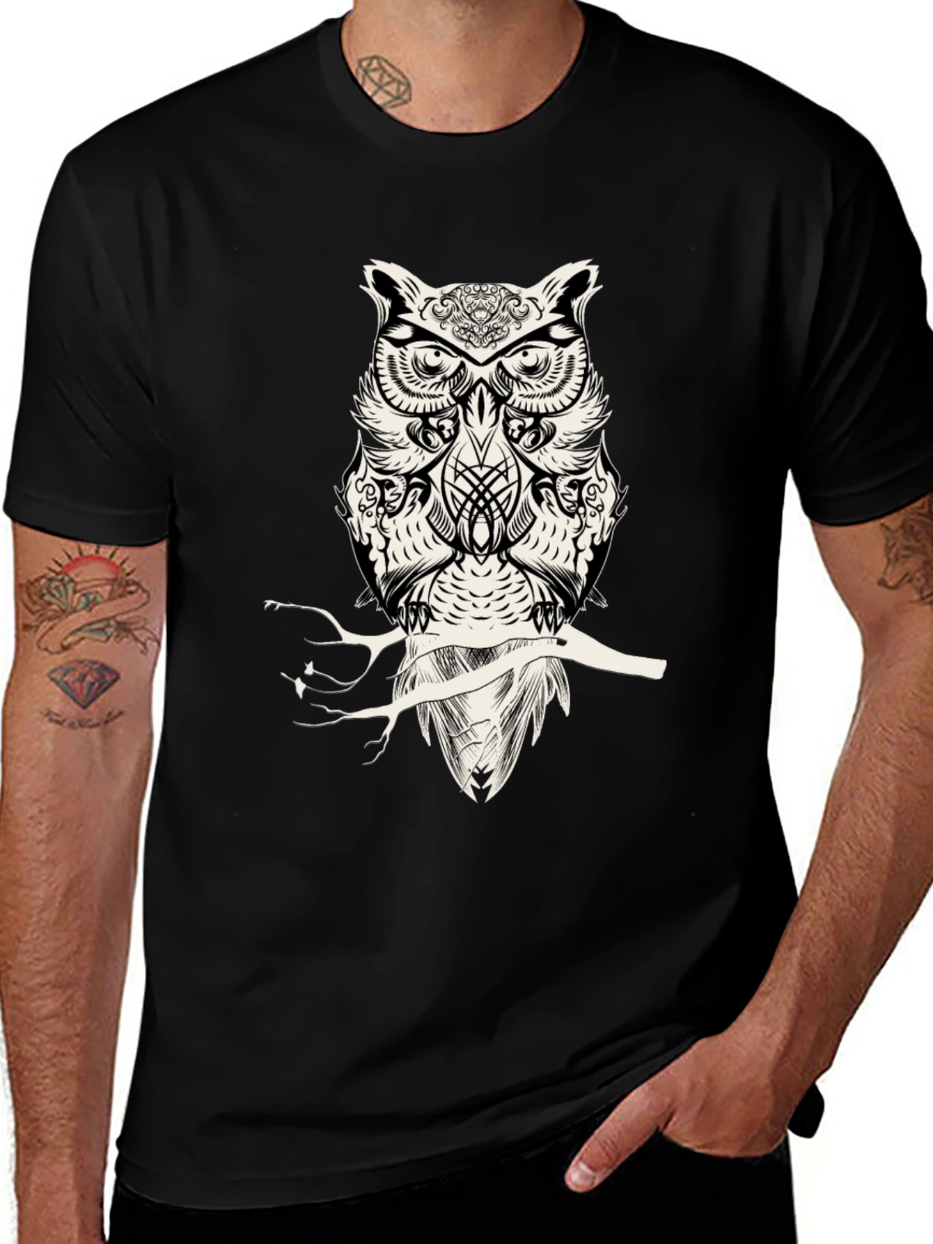 Owl Graphic Print Mens Black T-Shirt
