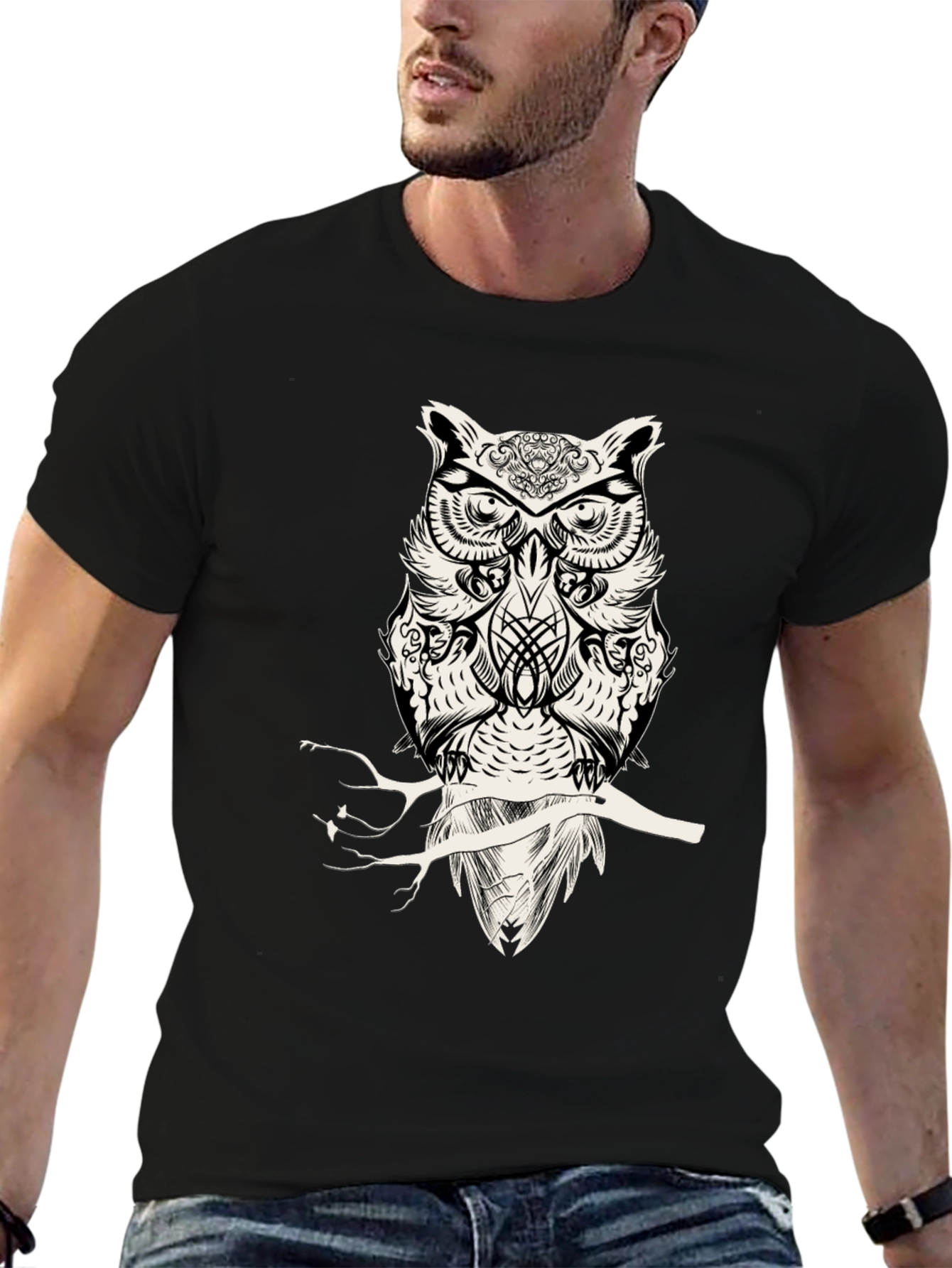 Owl Graphic Print Mens Black T-Shirt