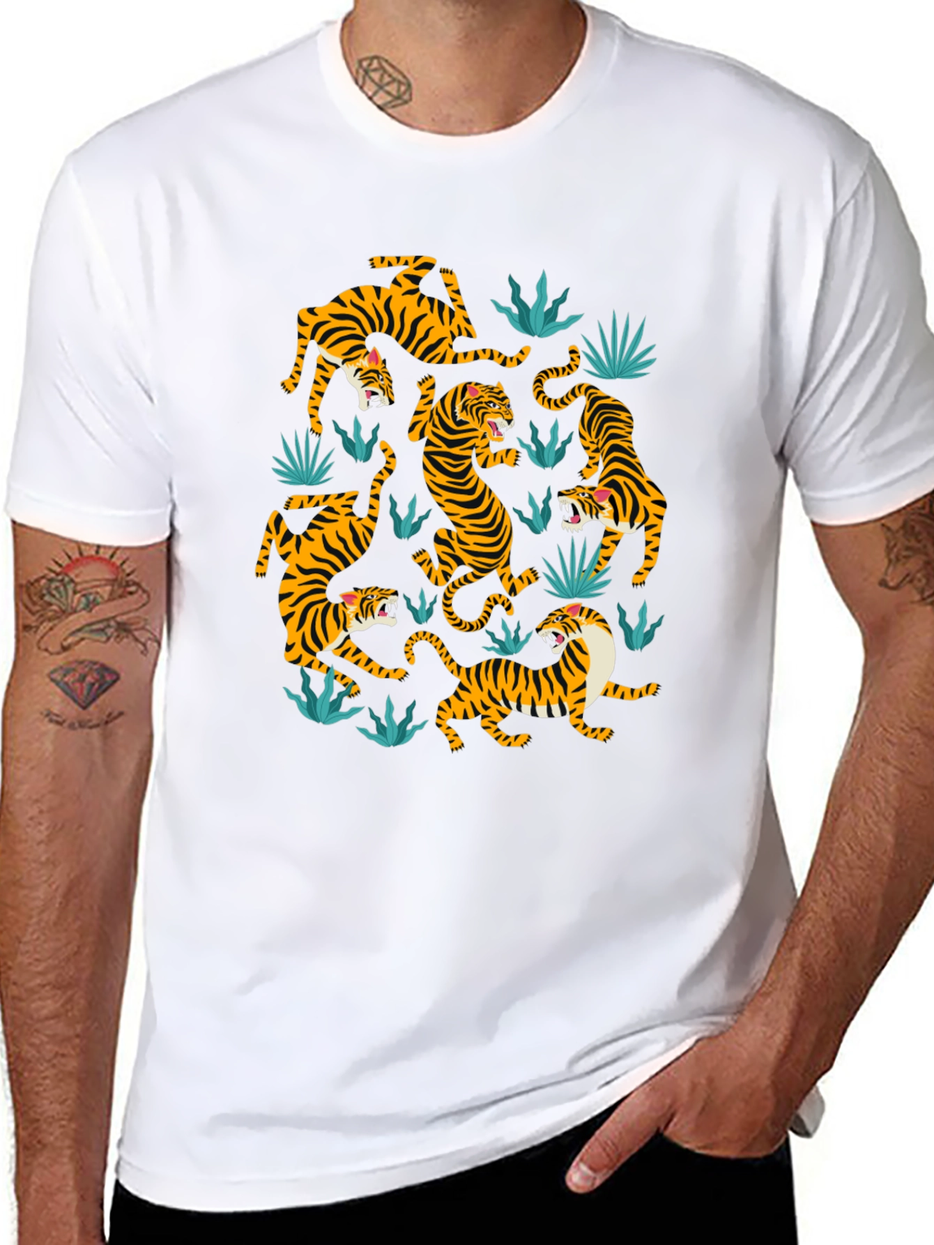 Tiger Print Crew Neck T-Shirt - Black