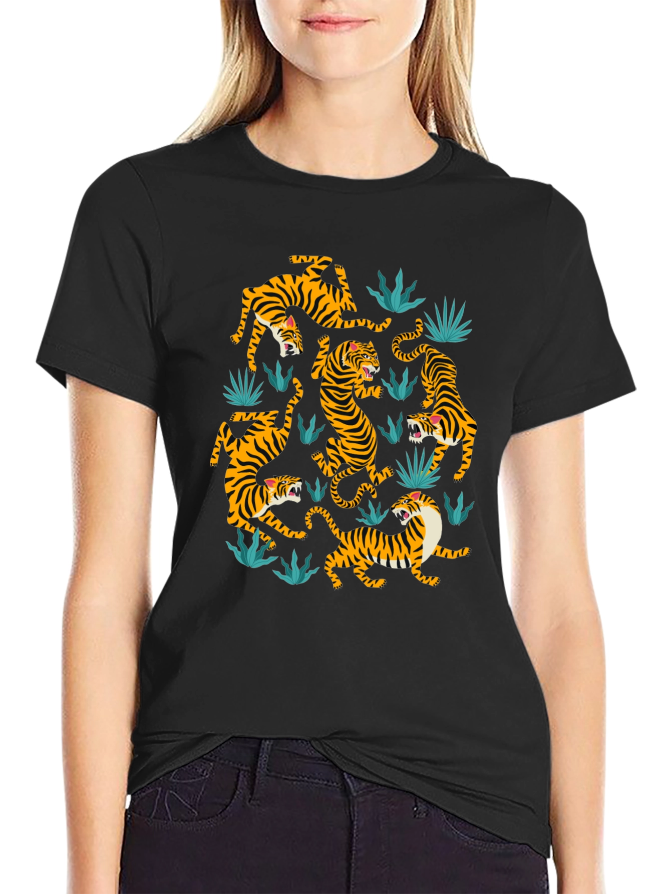 Tiger Print Crew Neck T-Shirt - Black