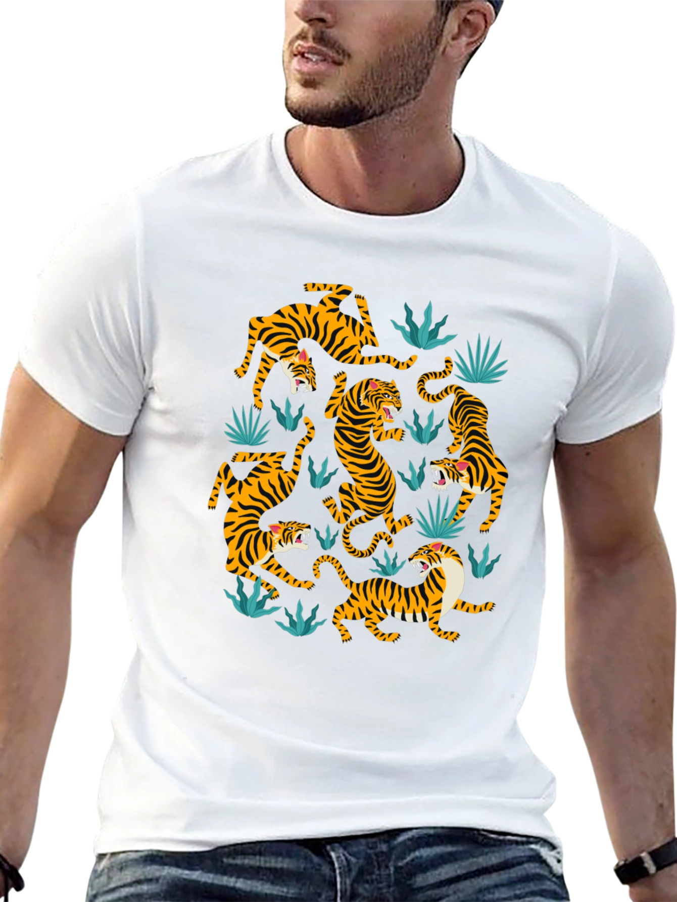 Tiger Print Crew Neck T-Shirt - Black