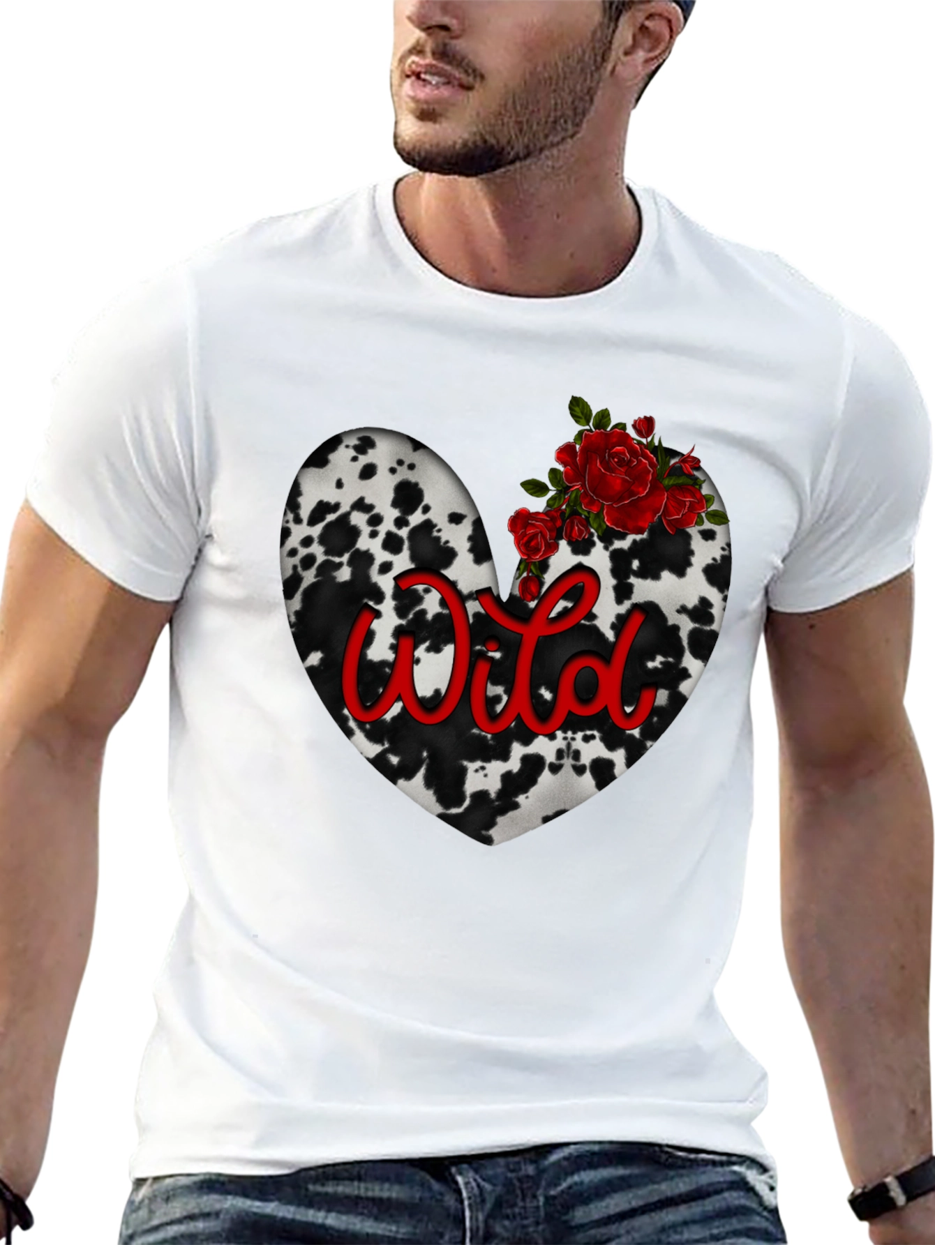 Wild Cow Print Heart Tee with Red Roses