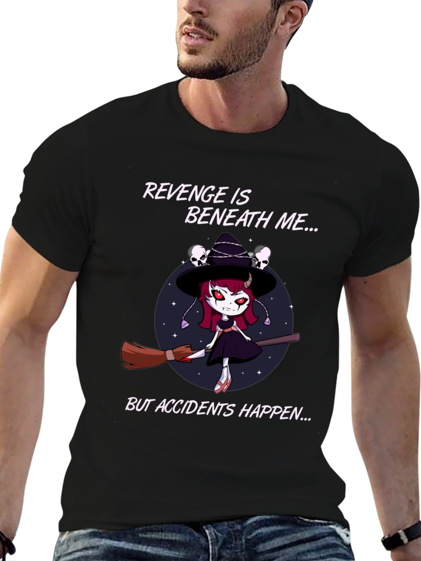 Revenge Witch T-Shirt: Accidents Happen - Black Cotton Tee