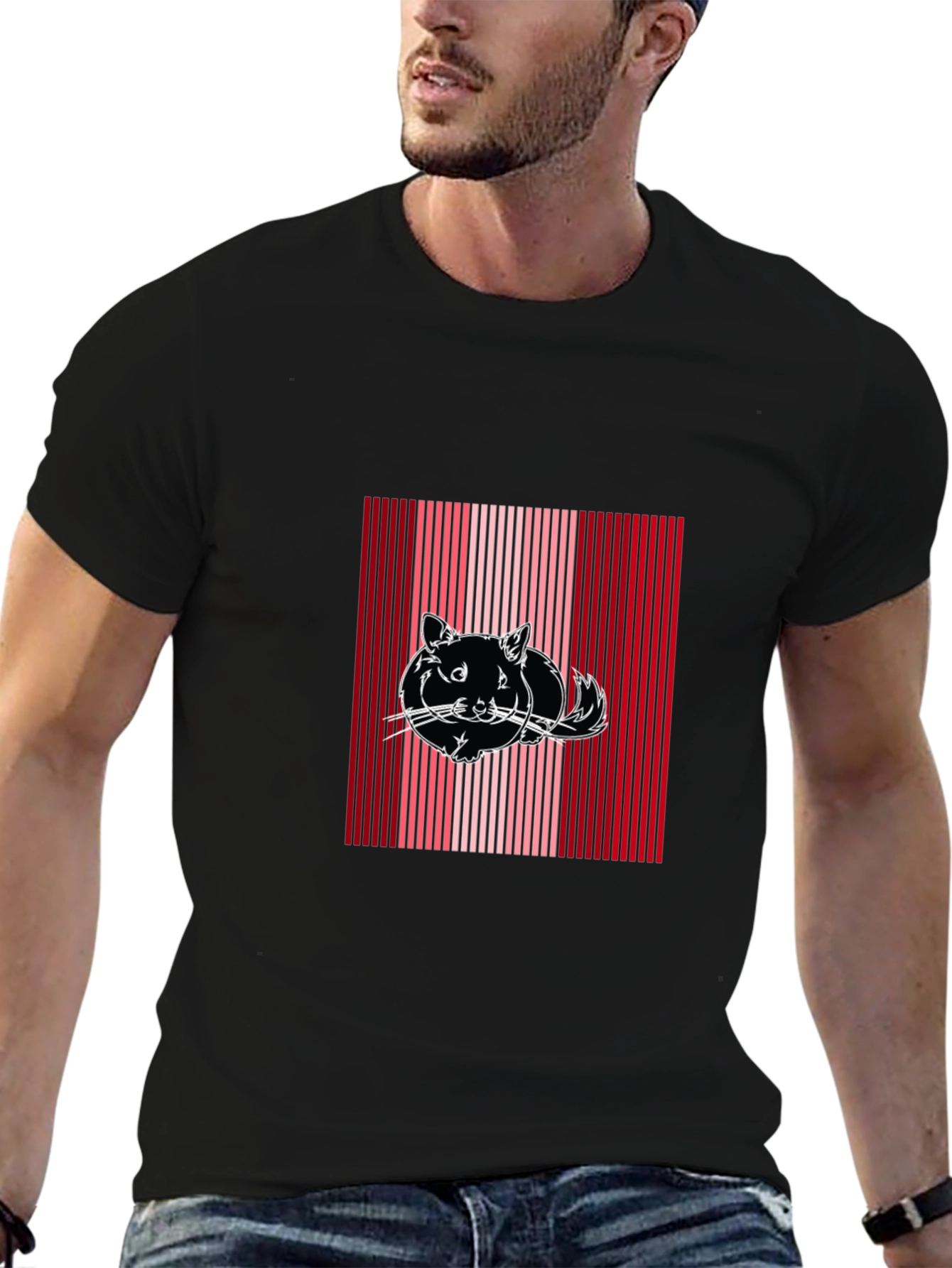 Striped Cat Graphic Tee - Black Cotton Blend