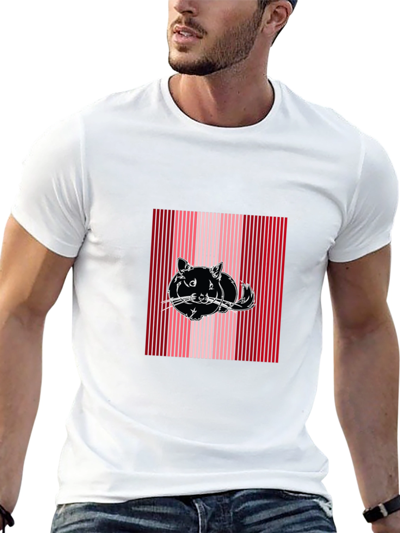 Striped Cat Graphic Tee - Black Cotton Blend