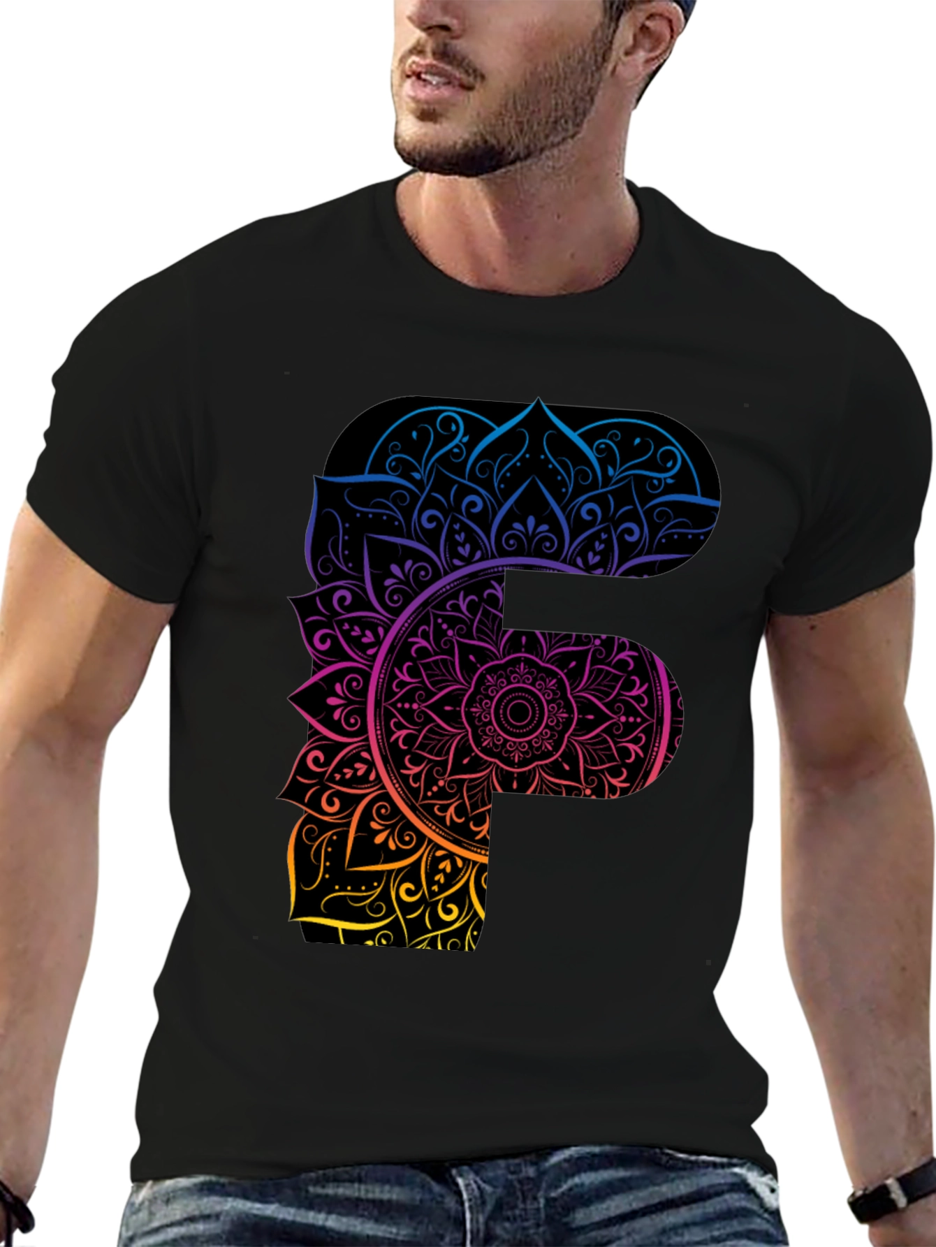 Mandala F Letter Graphic Tee - Unique Gradient Design