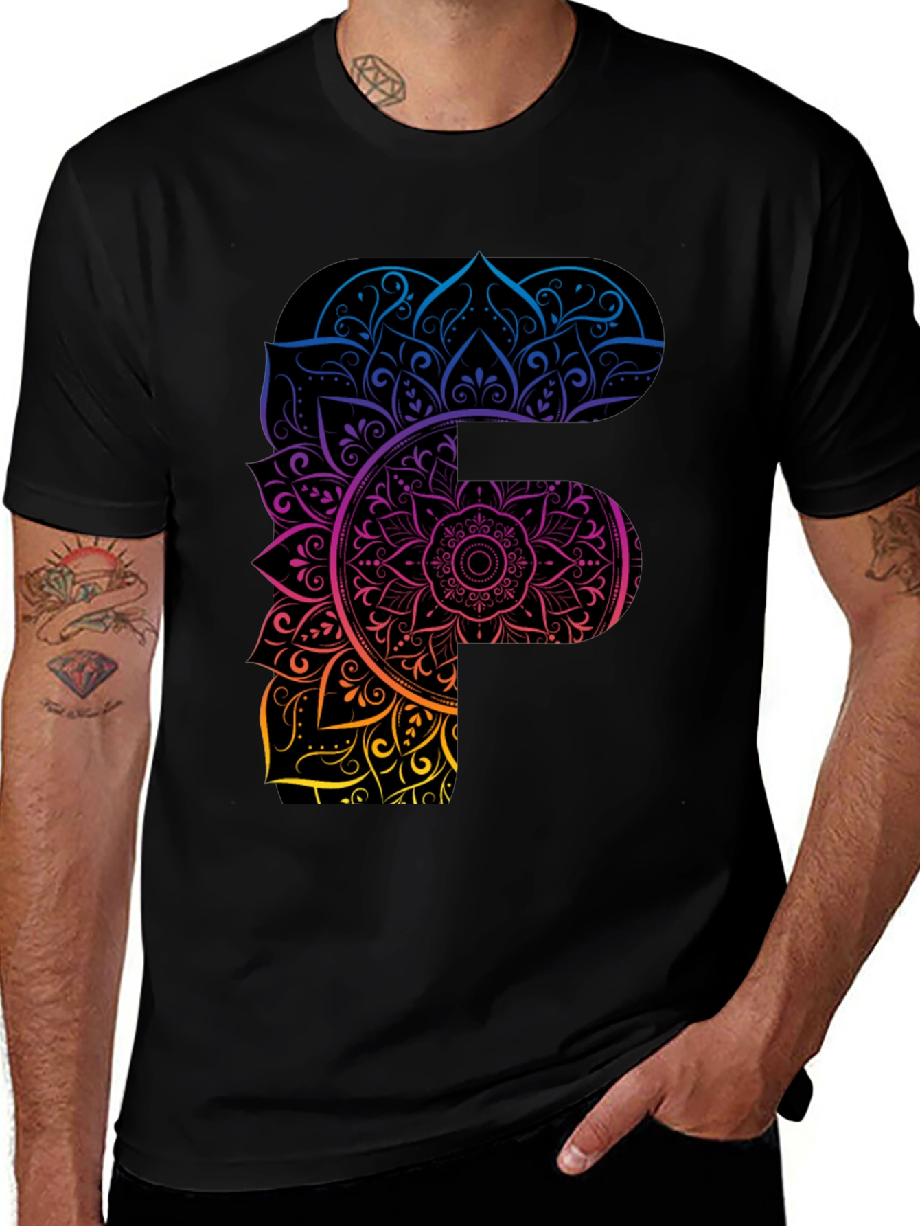 Mandala F Letter Graphic Tee - Unique Gradient Design