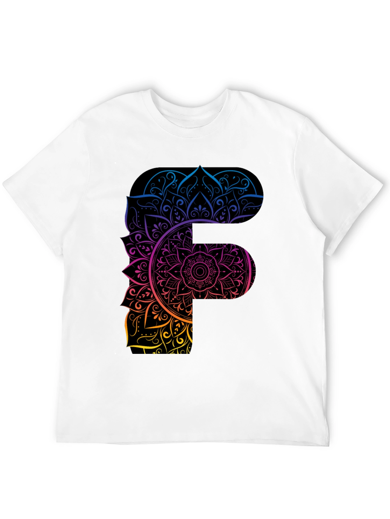 Mandala F Letter Graphic Tee - Unique Gradient Design