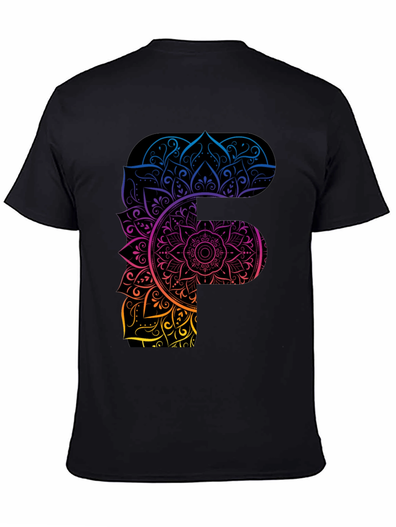 Mandala F Letter Graphic Tee - Unique Gradient Design