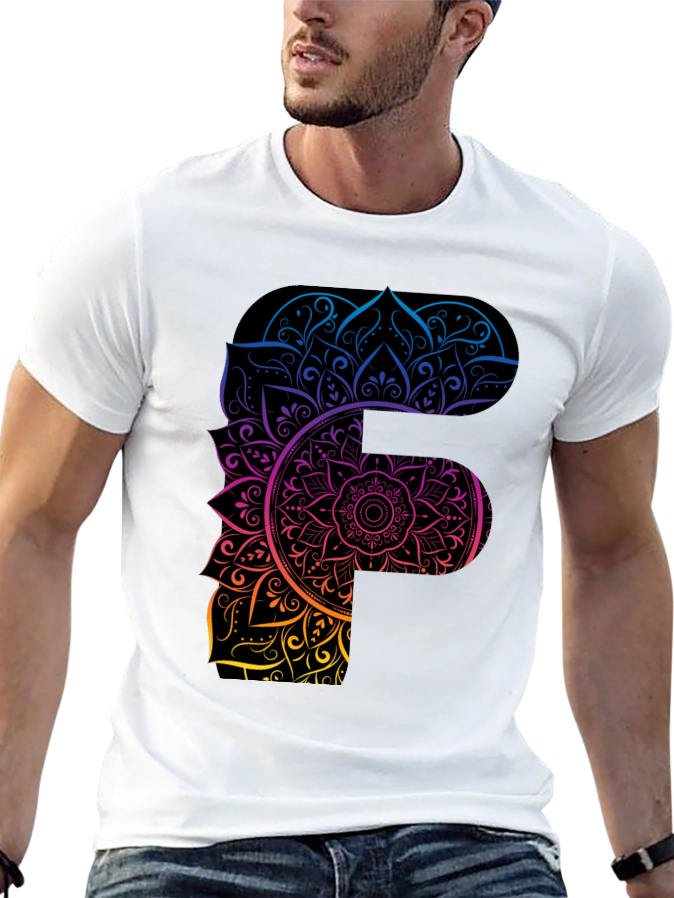 Mandala F Letter Graphic Tee - Unique Gradient Design