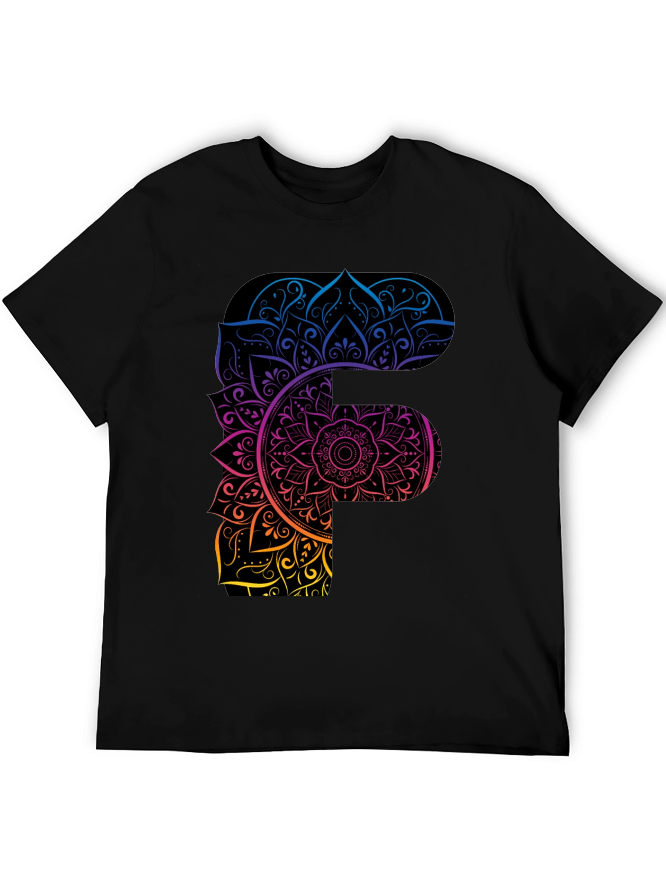 Mandala F Letter Graphic Tee - Unique Gradient Design