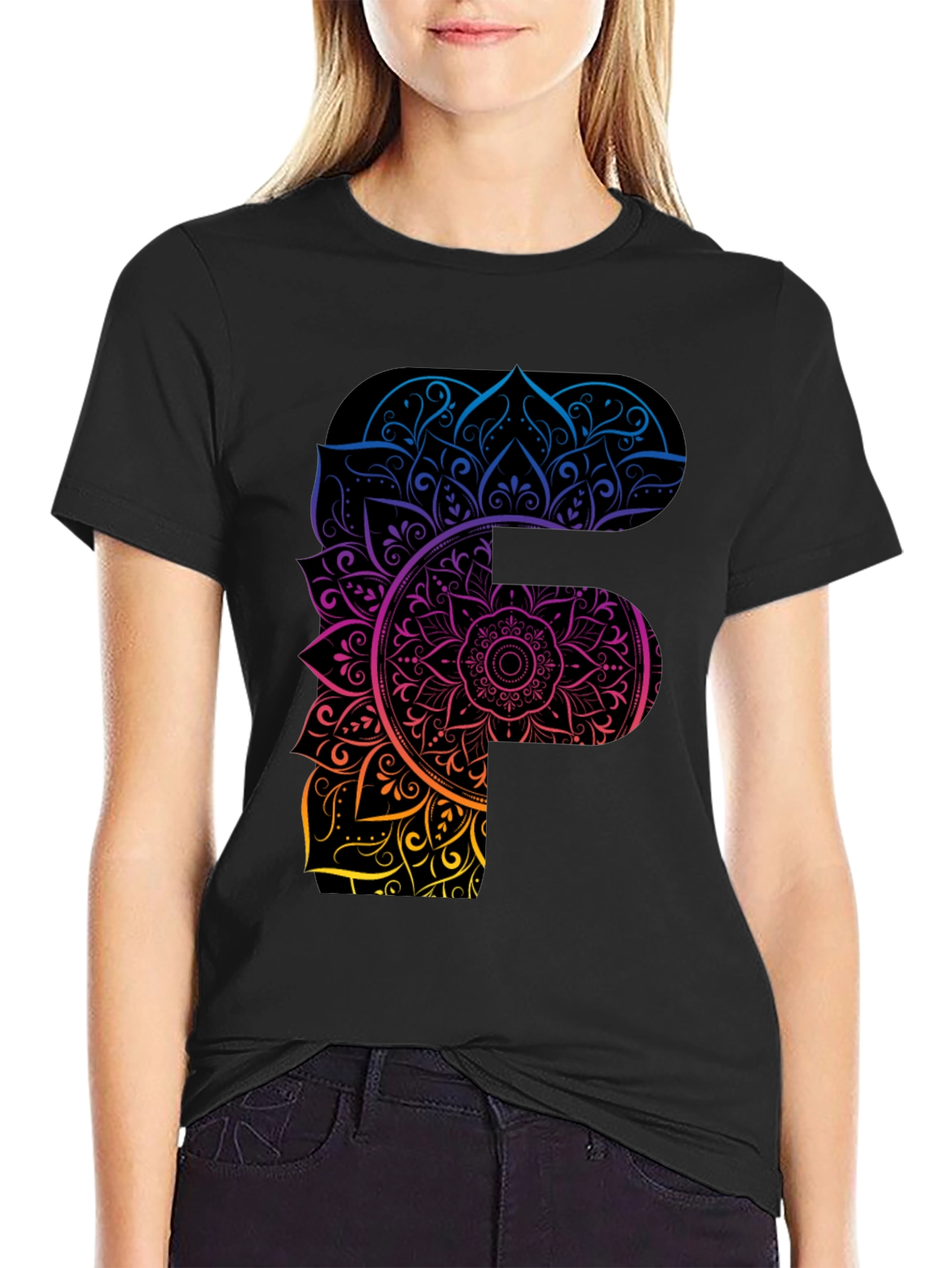 Mandala F Letter Graphic Tee - Unique Gradient Design