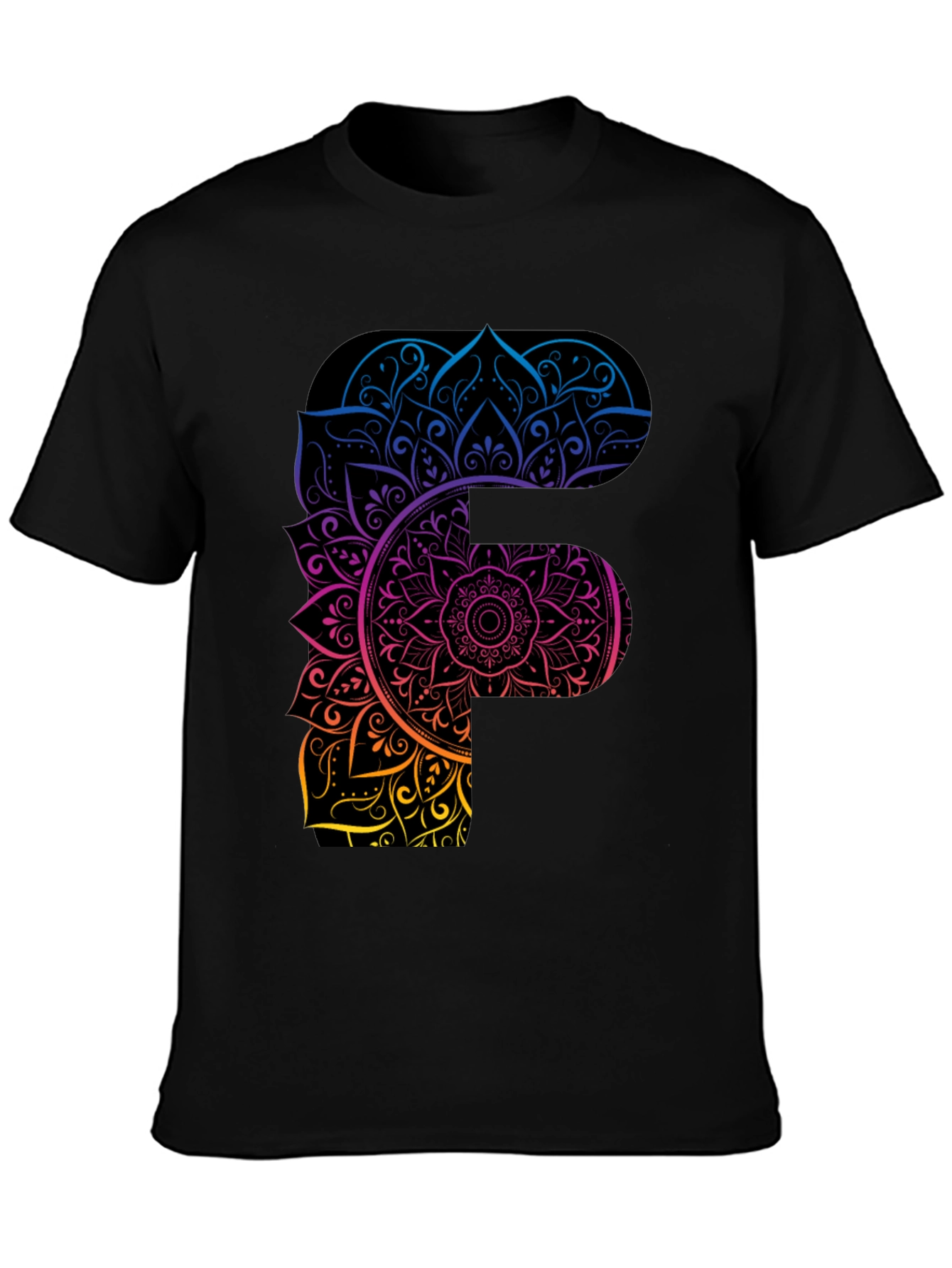 Mandala F Letter Graphic Tee - Unique Gradient Design