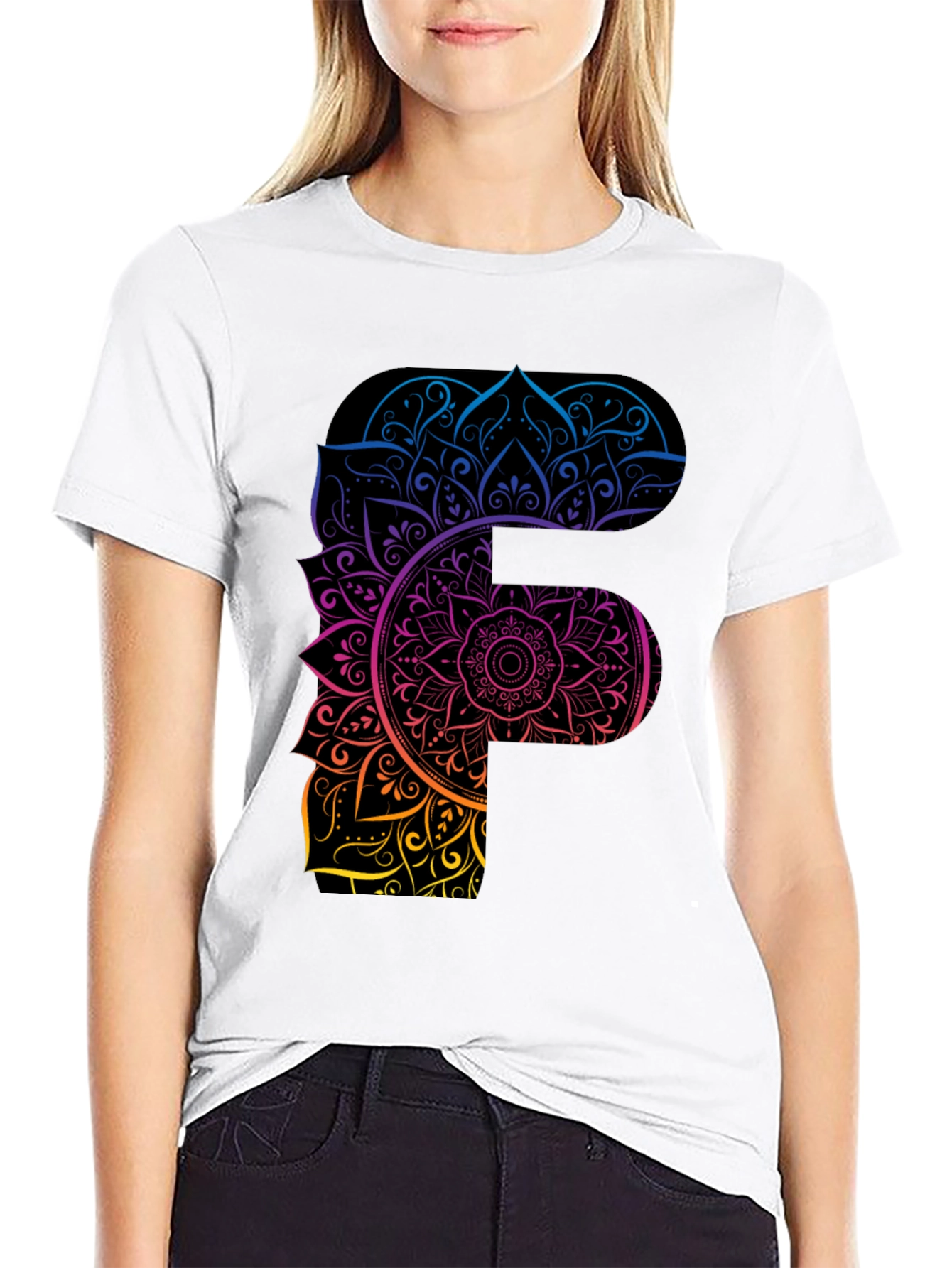 Mandala F Letter Graphic Tee - Unique Gradient Design