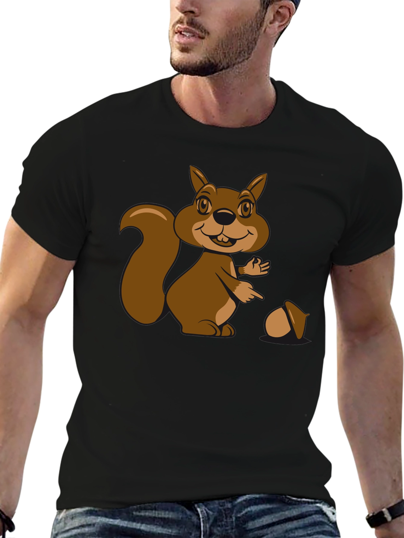 Cartoon Squirrel Graphic T-Shirt - Black Cotton Tee