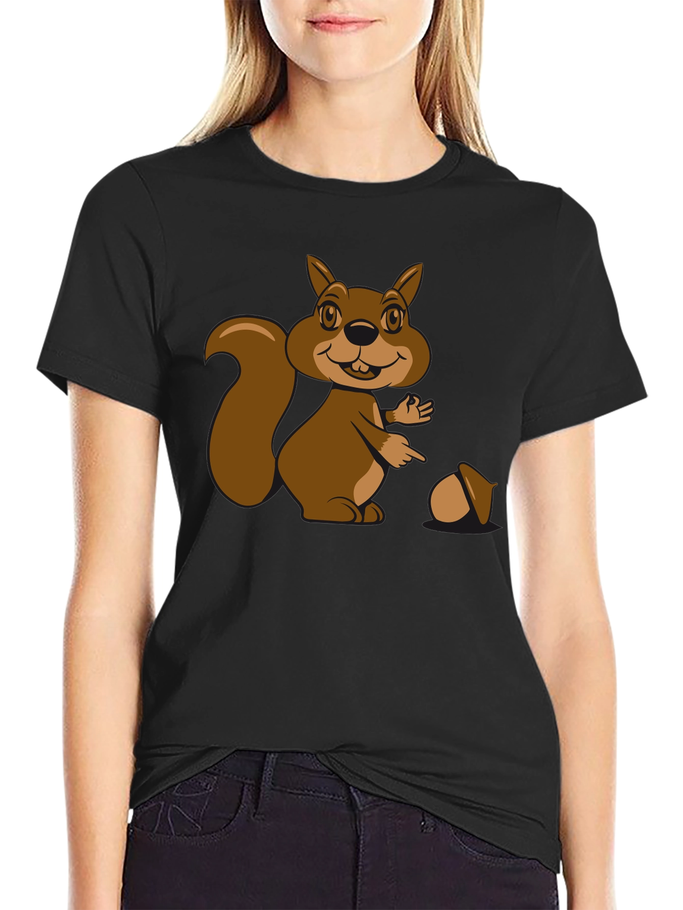 Cartoon Squirrel Graphic T-Shirt - Black Cotton Tee