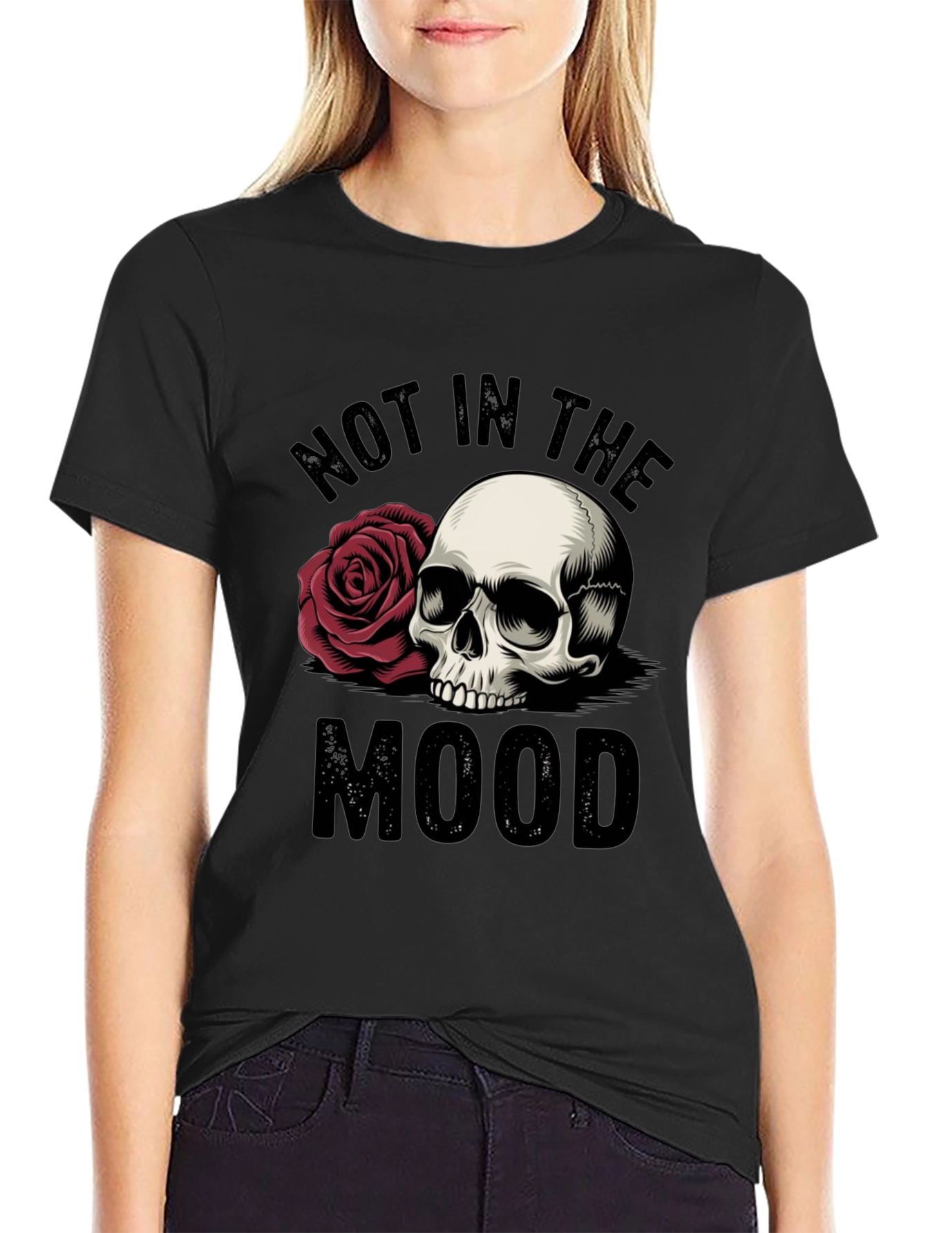 Not in the Mood Skull Rose Graphic T-Shirt
