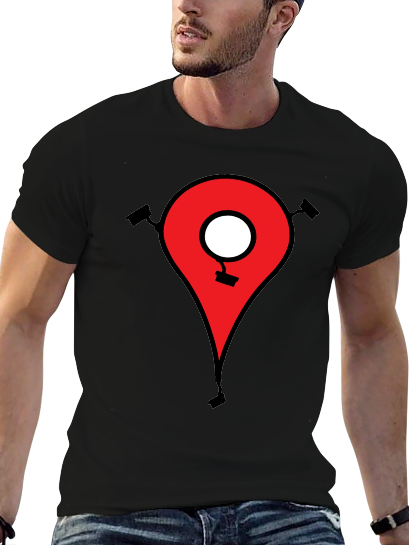 Mens Black T-Shirt - Location Pin CCTV Graphic