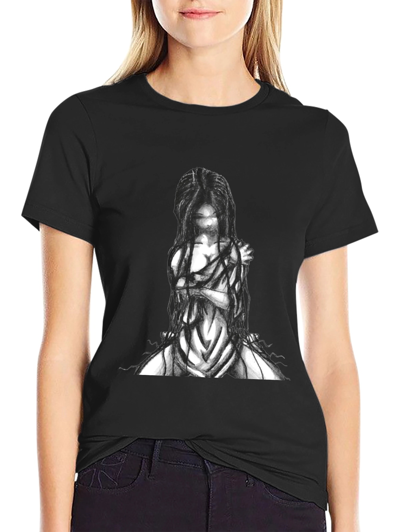 Black Graphic Tee - Ghostly Figure
