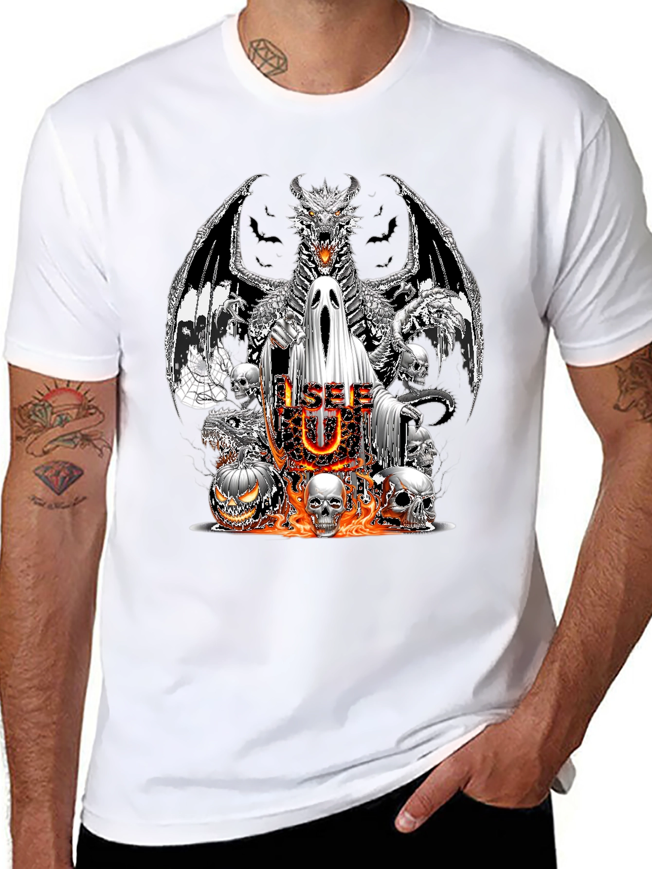 Halloween Dragon Ghost & Skull Graphic T-Shirt