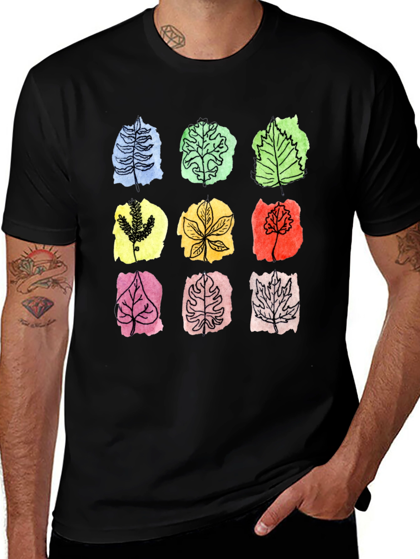 Botanical Leaf Print Black T-Shirt