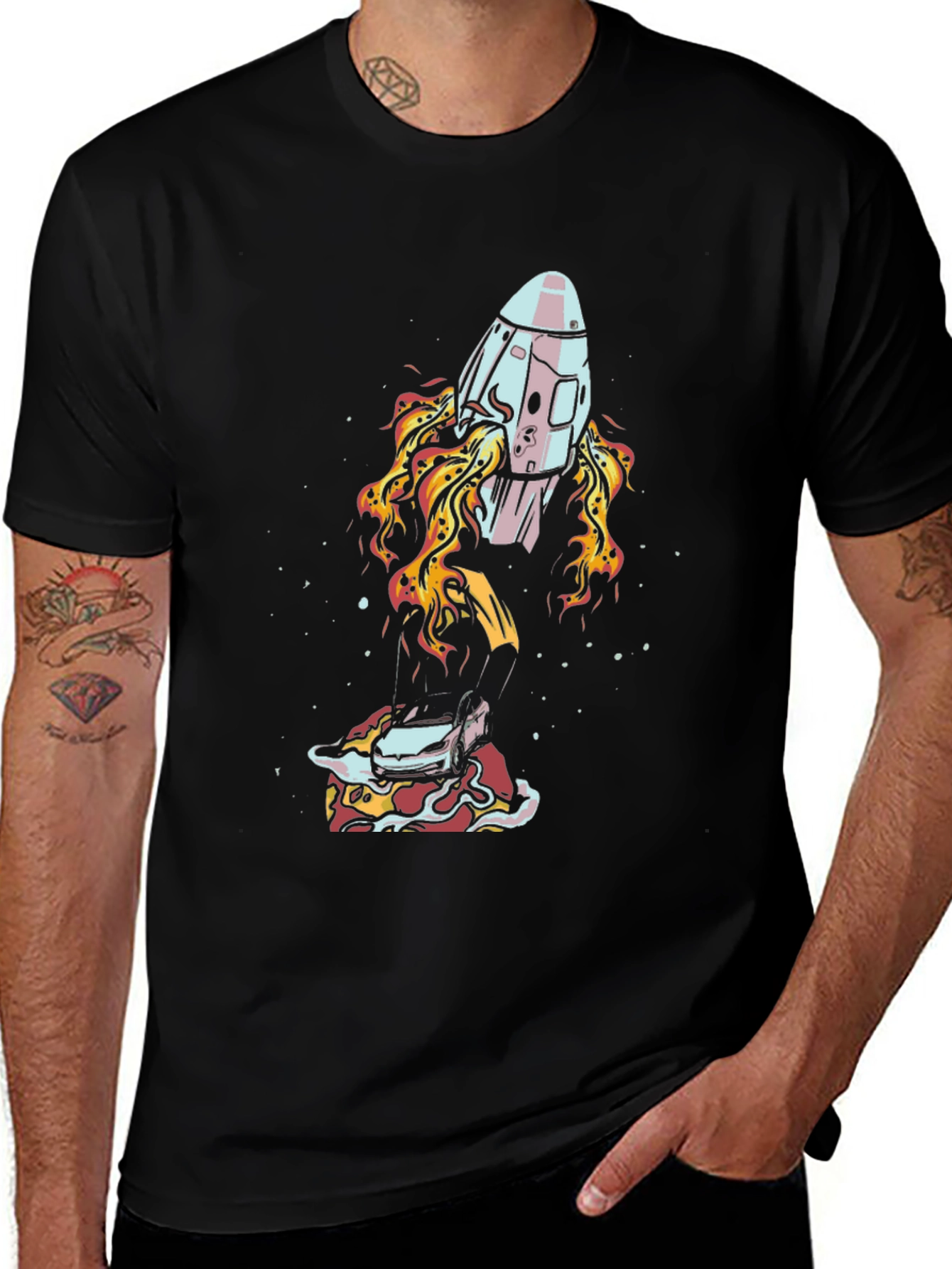 Rocket Launching From Pizza Mens Tee