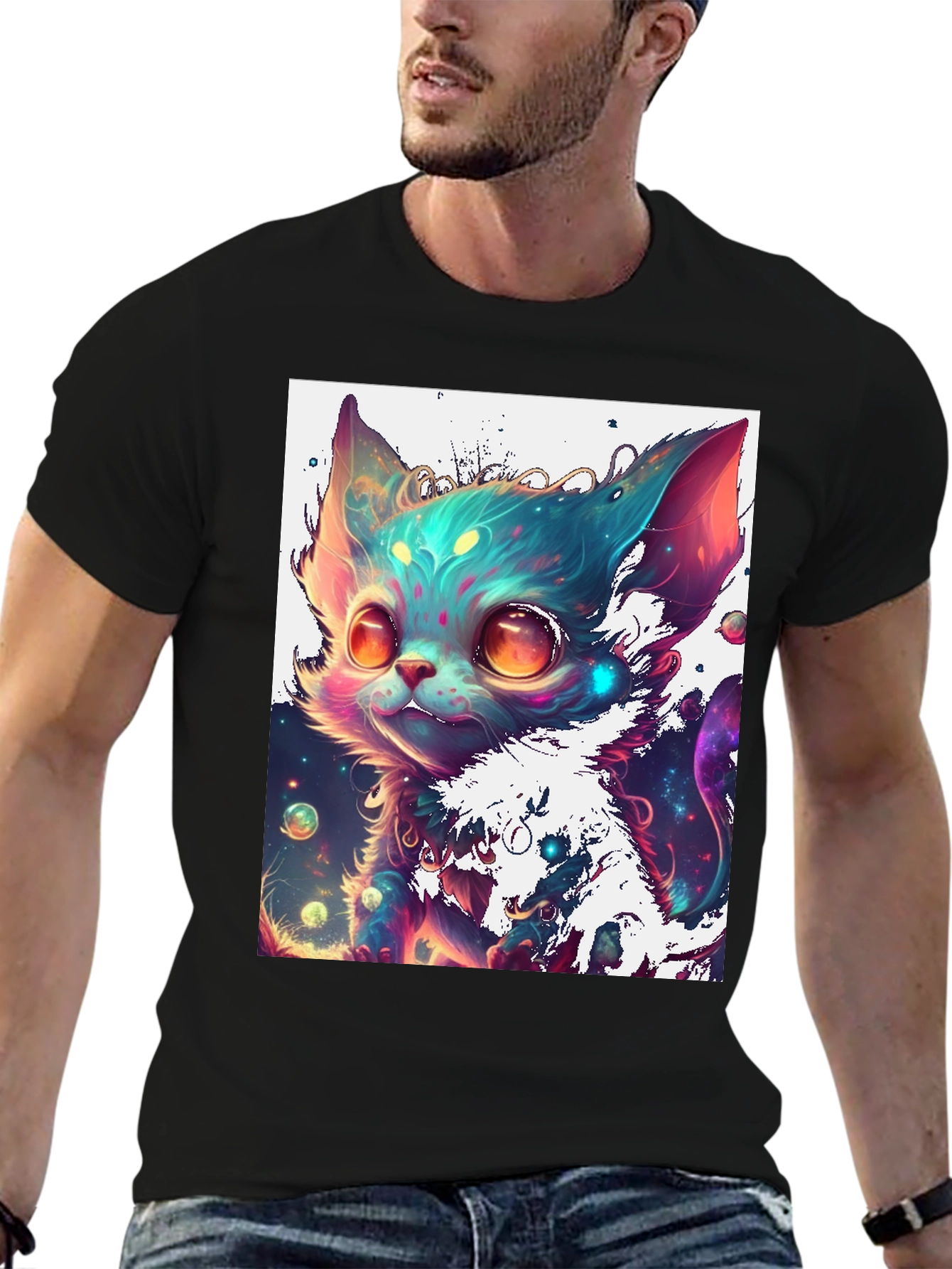 Cosmic Kitten Graphic Tee - Black Cotton Blend