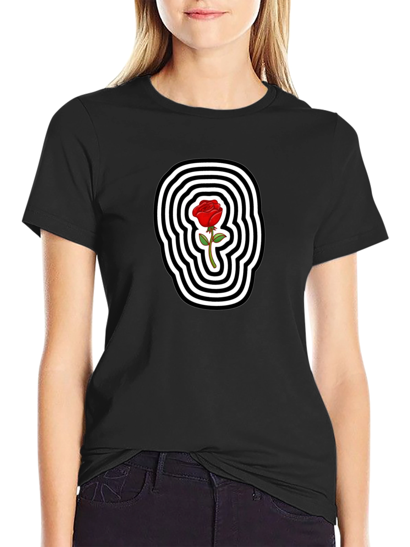 Rose Graphic Tee - Black Cotton Blend T-Shirt