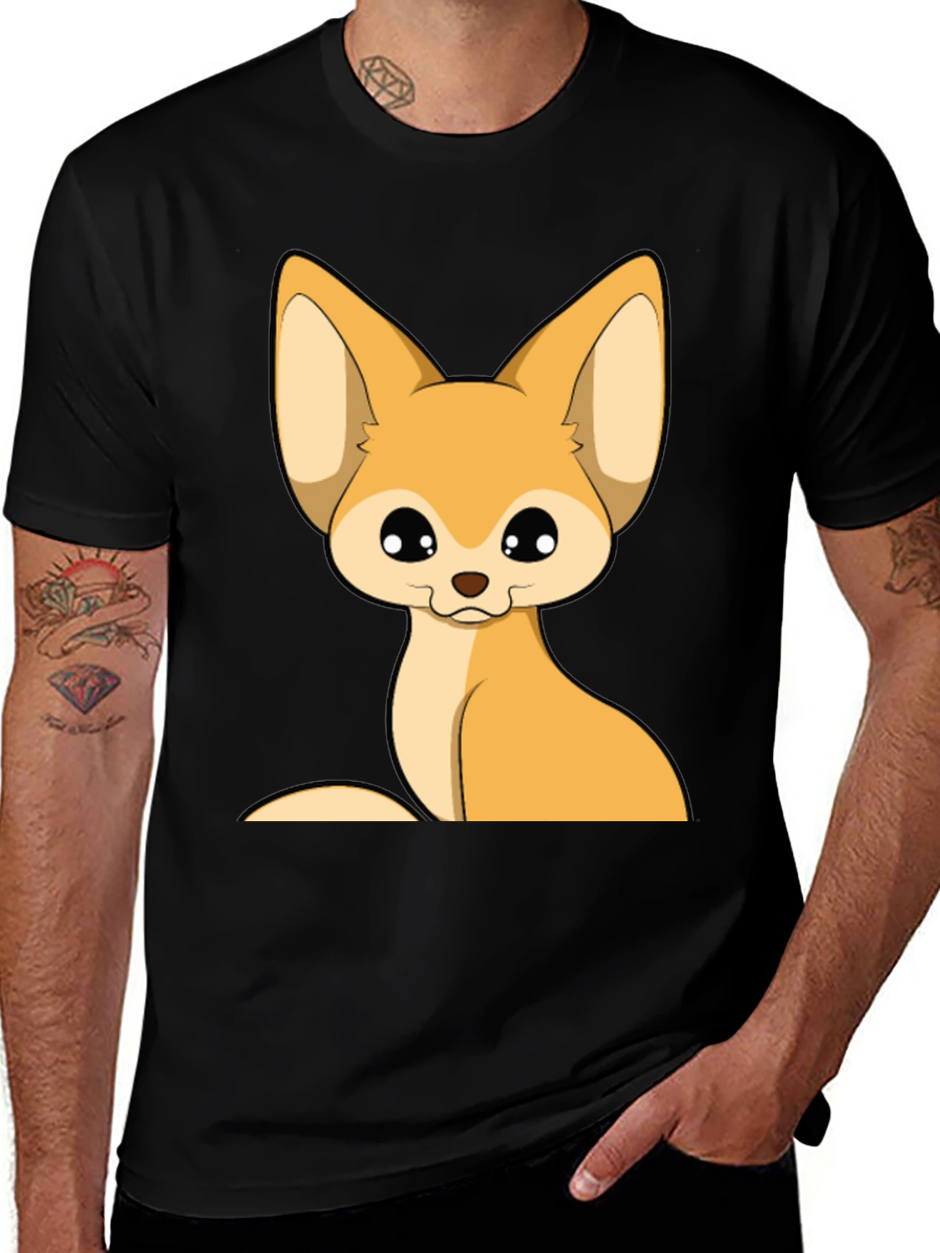 Cute Fennec Fox Graphic Tee - Black Cotton T-Shirt