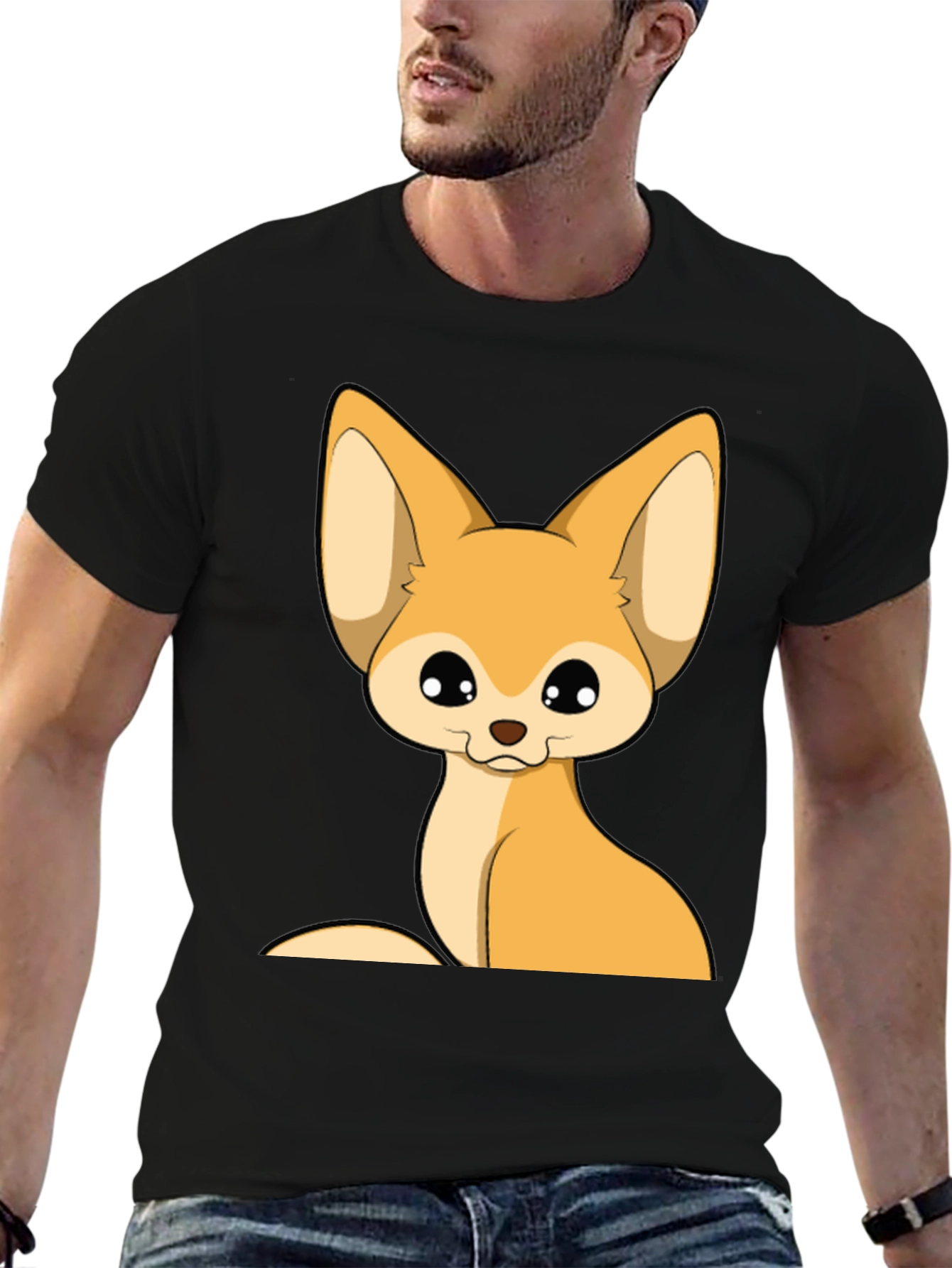 Cute Fennec Fox Graphic Tee - Black Cotton T-Shirt