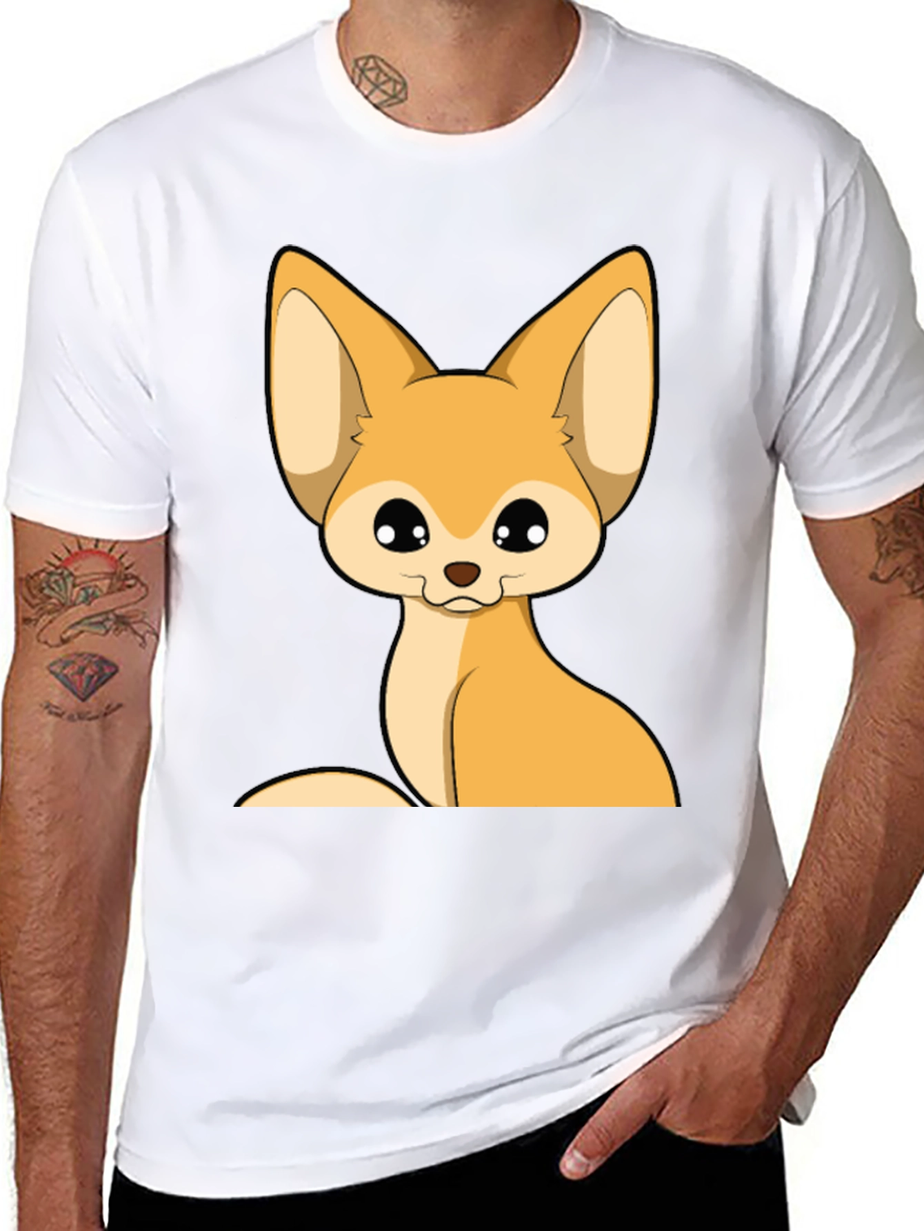 Cute Fennec Fox Graphic Tee - Black Cotton T-Shirt
