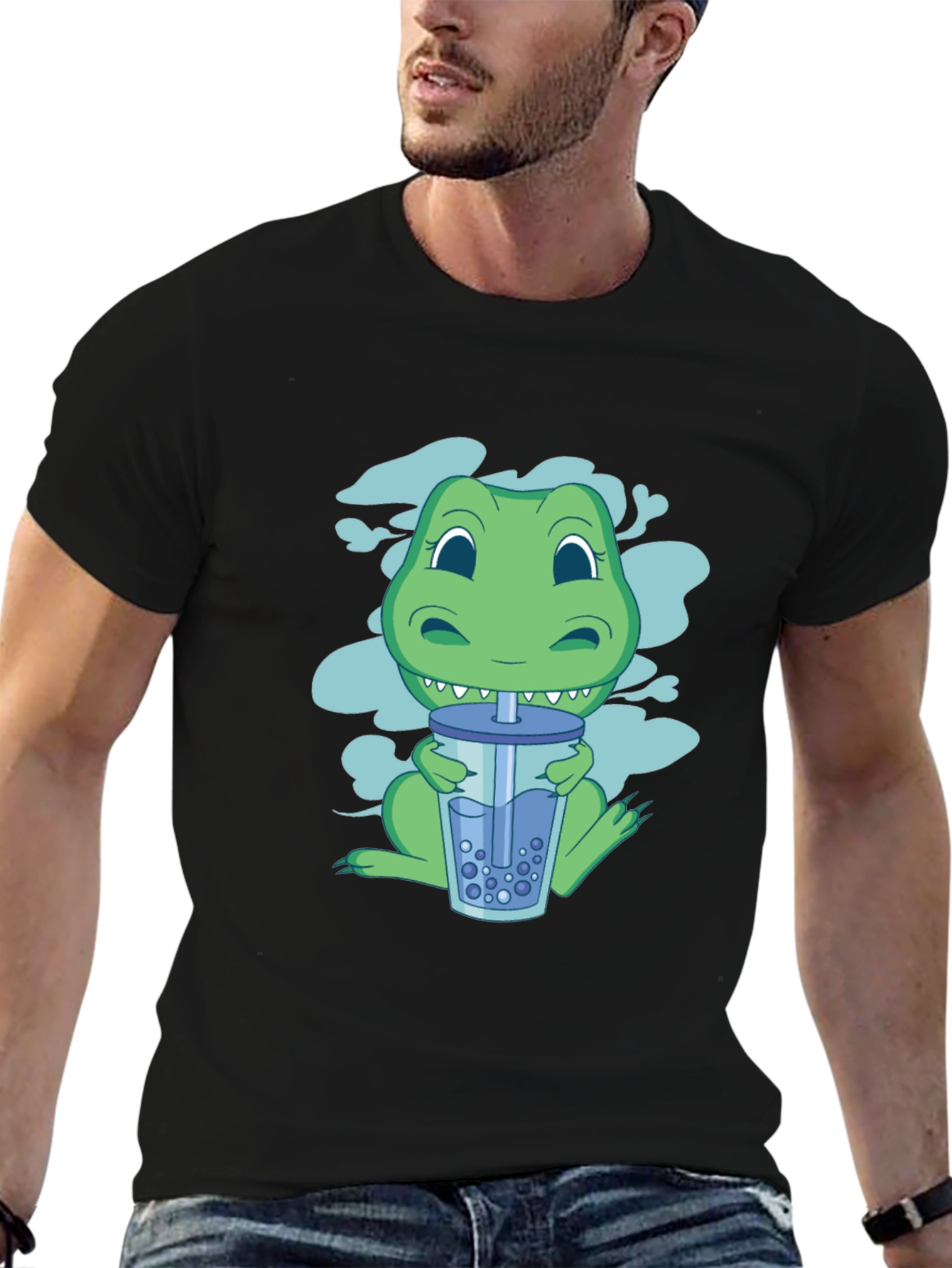 Dino Boba Tea Graphic Tee - Black Cotton T-Shirt