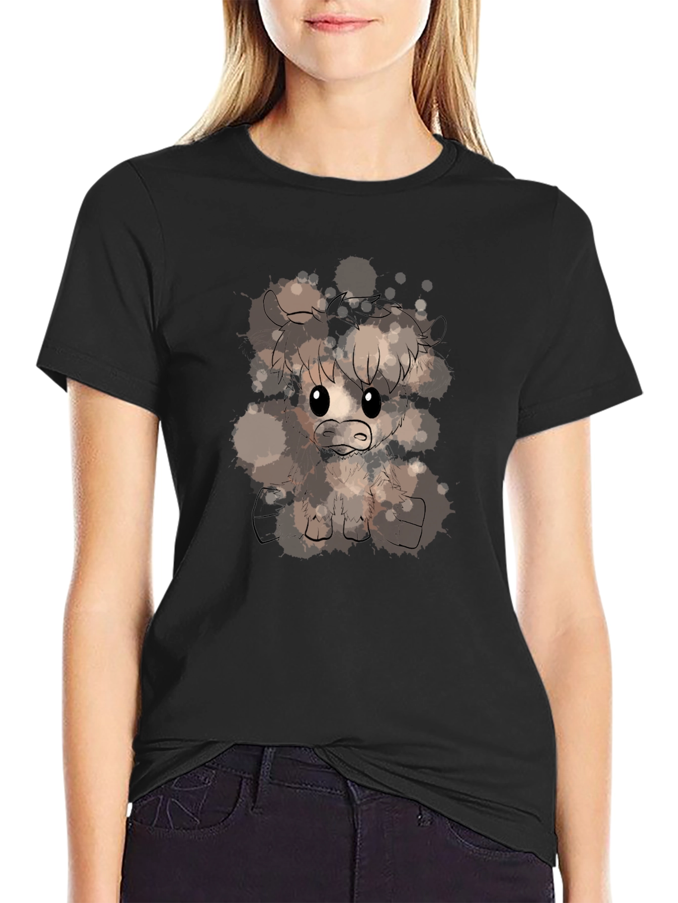 Cute Highland Cow Art T-Shirt - Black