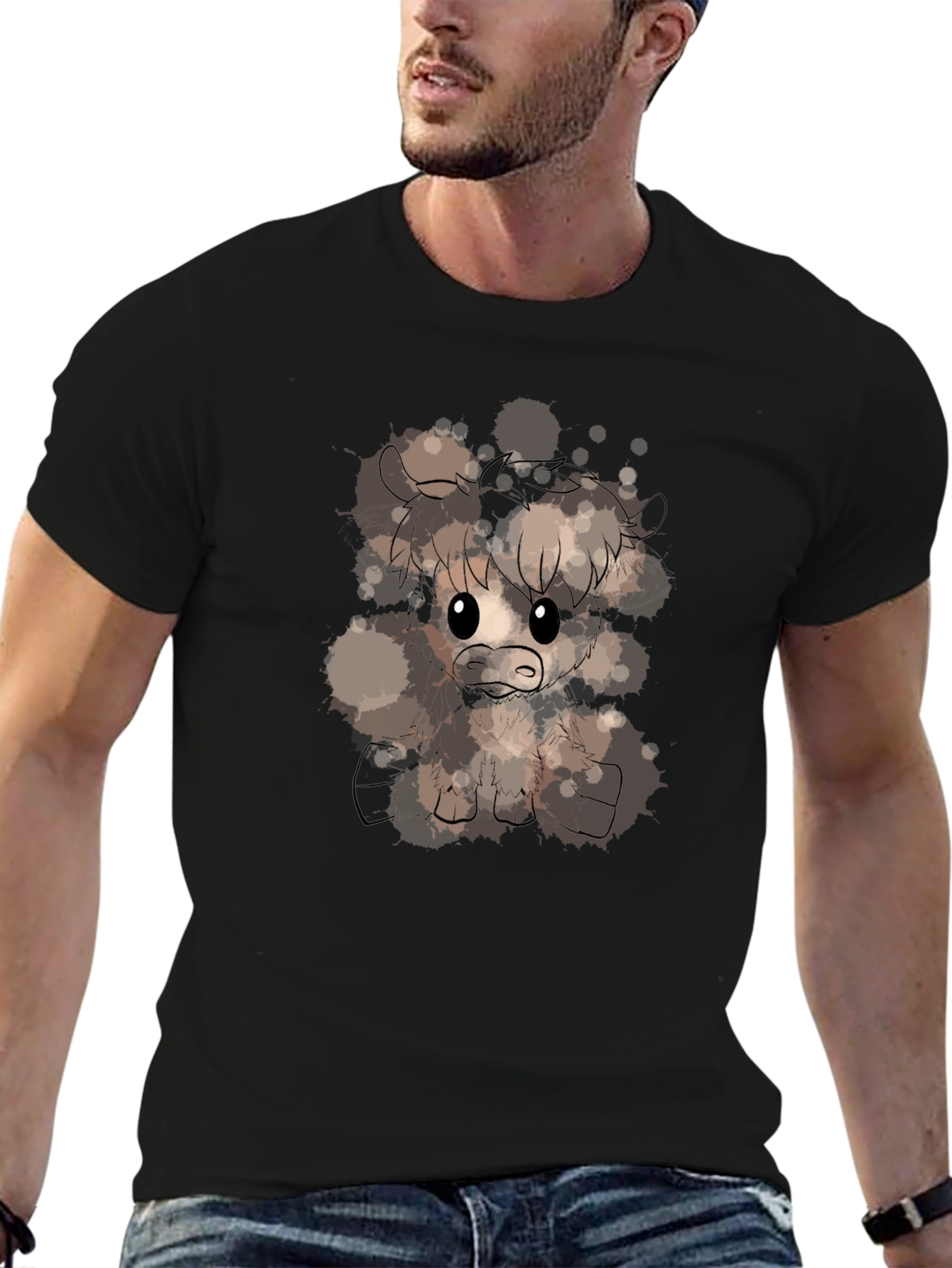 Cute Highland Cow Art T-Shirt - Black