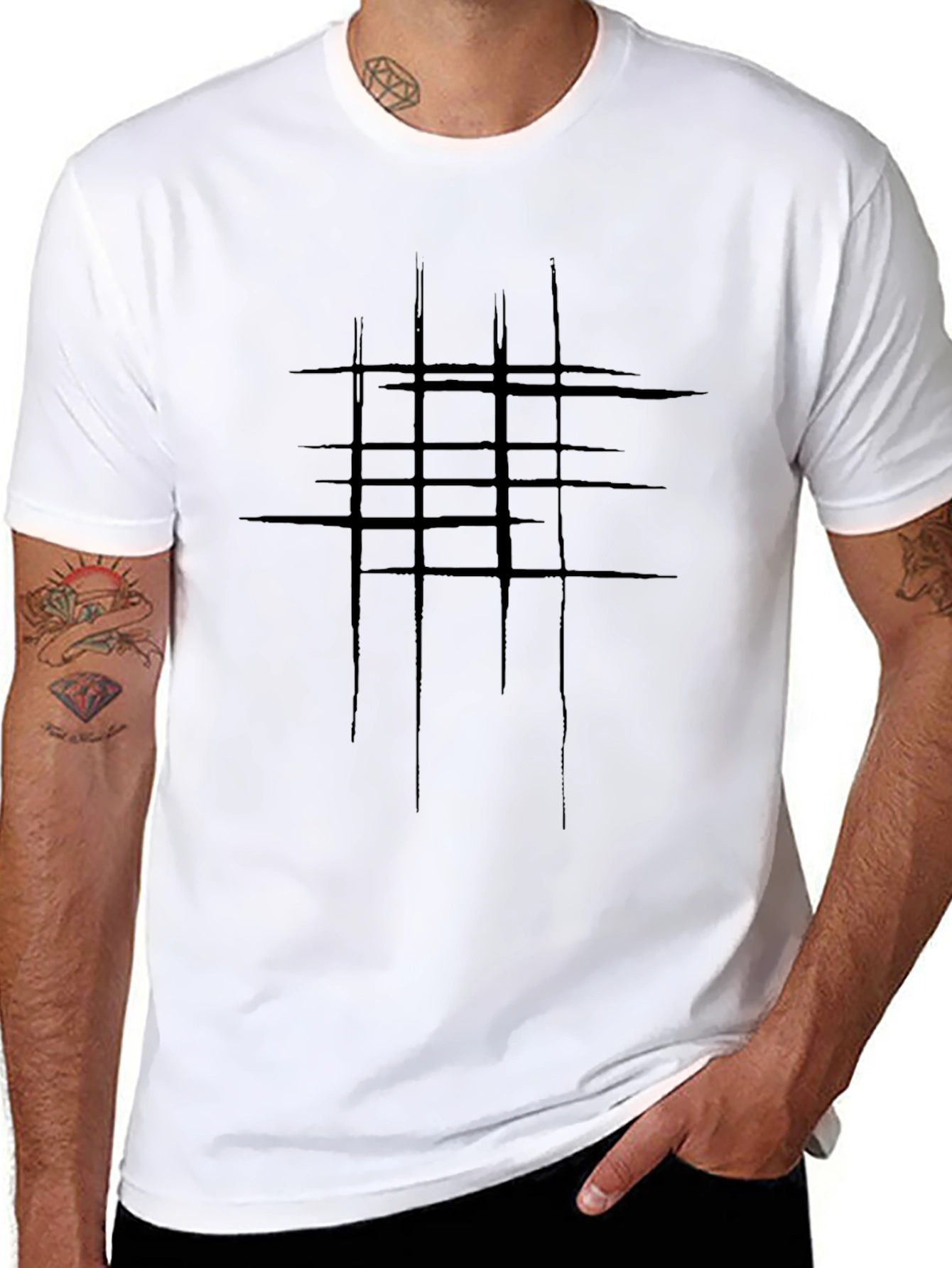 Mens Black Graphic Tee - Abstract Line Design