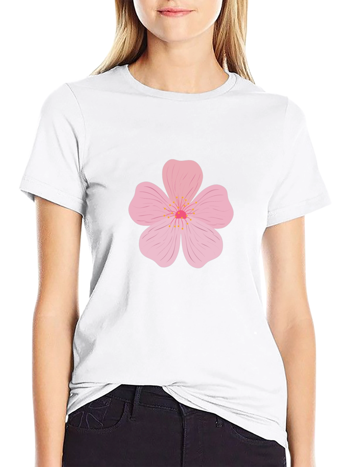 Mens Black T-Shirt with Pink Flower Design