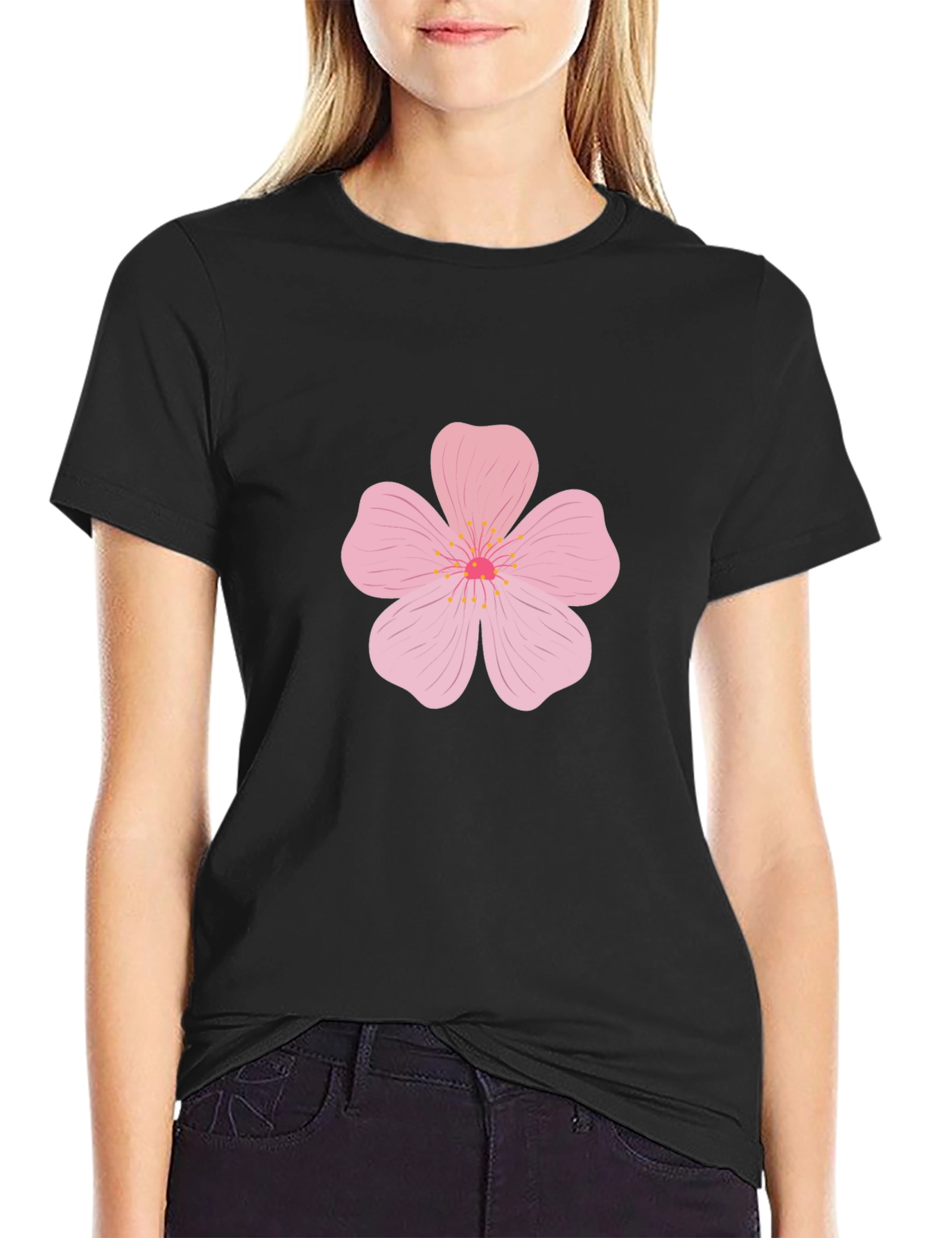 Mens Black T-Shirt with Pink Flower Design