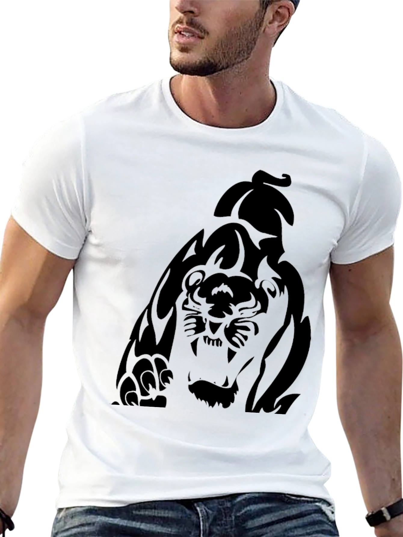 Mens Black Graphic Tee - Tiger Print