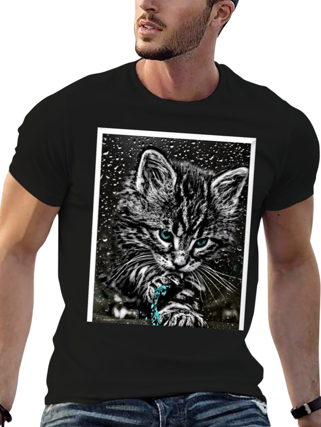 Cat on Rainy Window Graphic T-Shirt